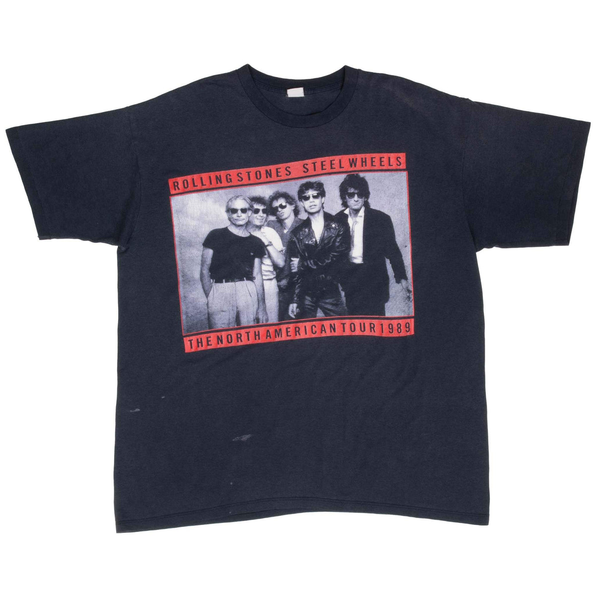 Full front of black Rolling Stones Steel Wheels North American Tour 1989 T-shirt