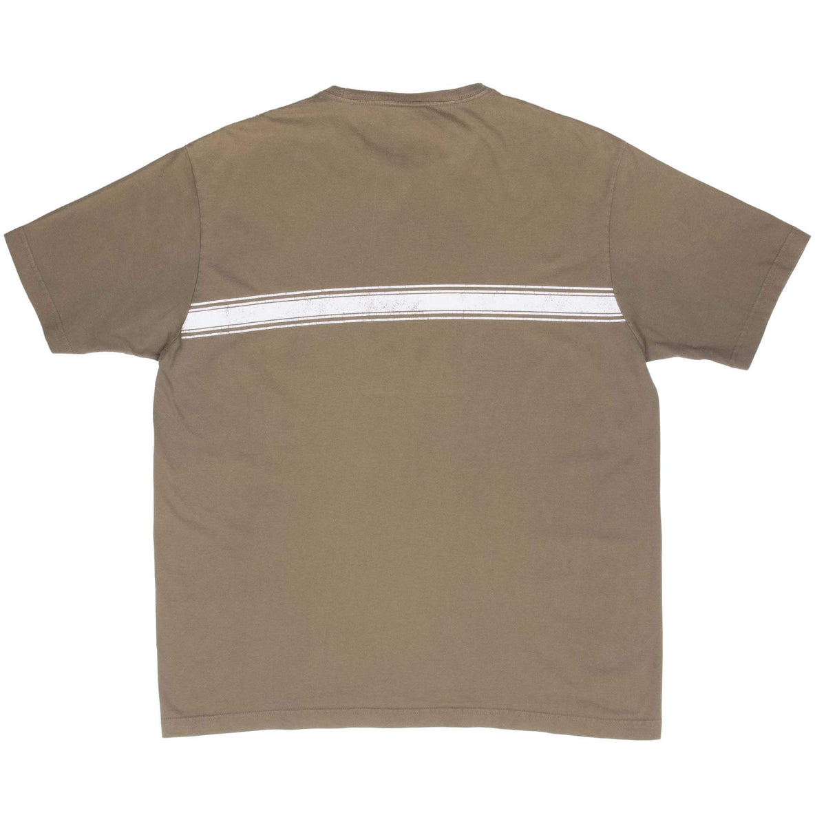 Back of brown Tommy Hilfiger T-shirt with white horizontal stripes across the upper back