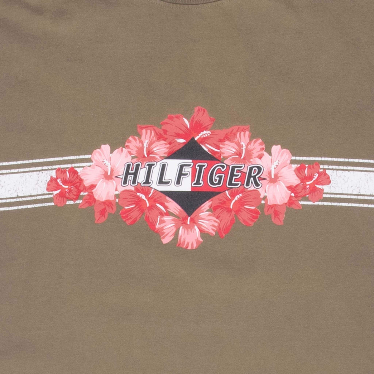 Close-up of Hilfiger chest graphic with pink hibiscus flowers, flag motif and white stripes