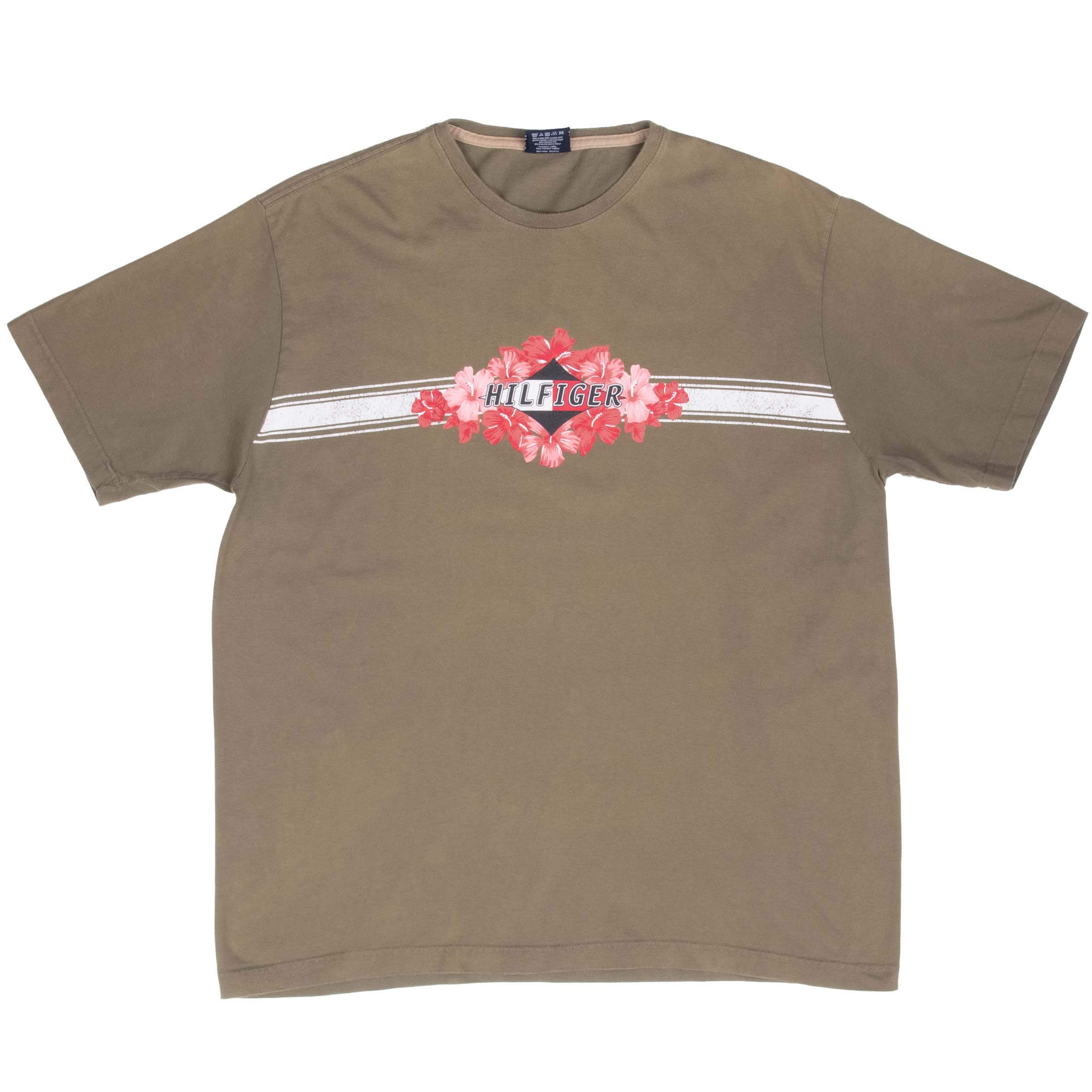 Full front of brown Tommy Hilfiger T-shirt with pink hibiscus flower graphic and white chest stripes