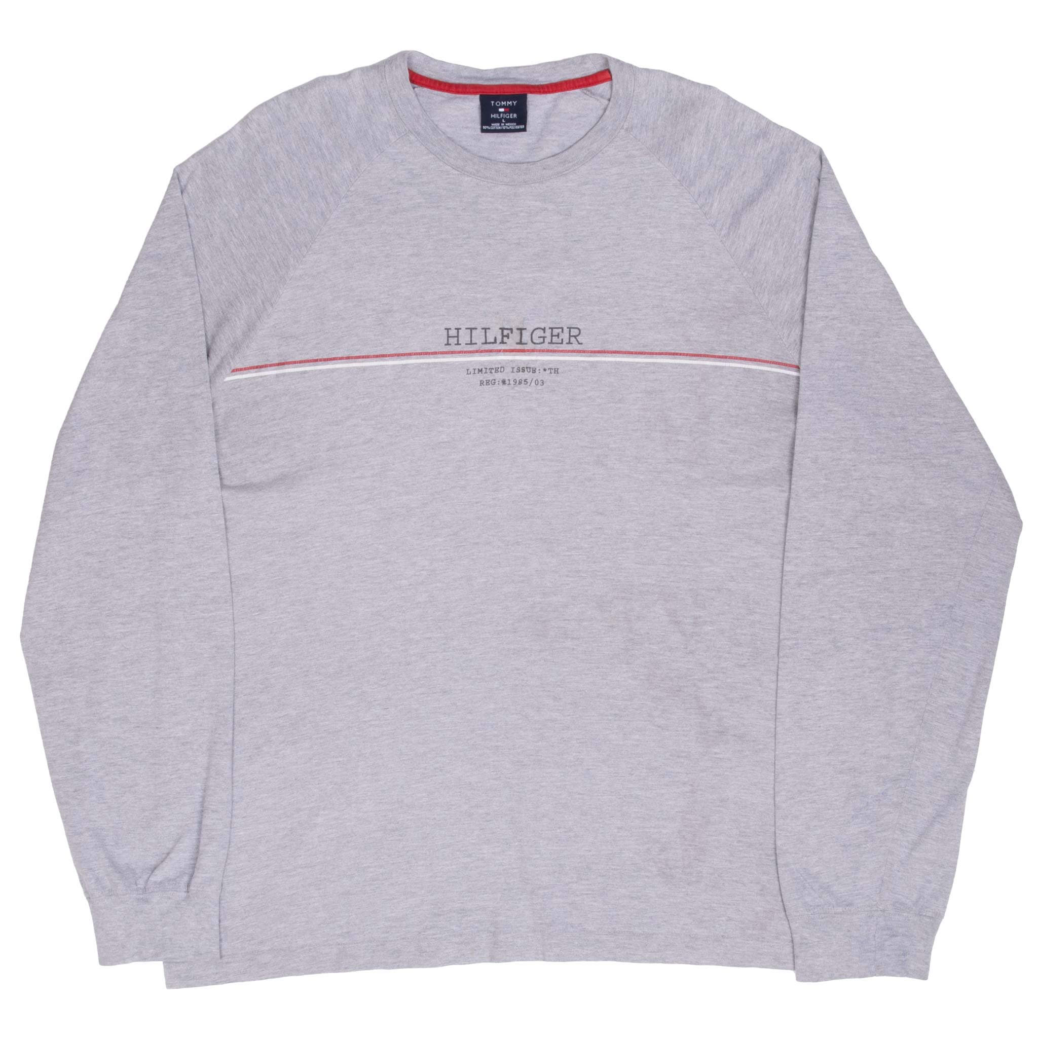 Front view of grey Tommy Hilfiger long-sleeve T-shirt with chest spellout and red-white stripe