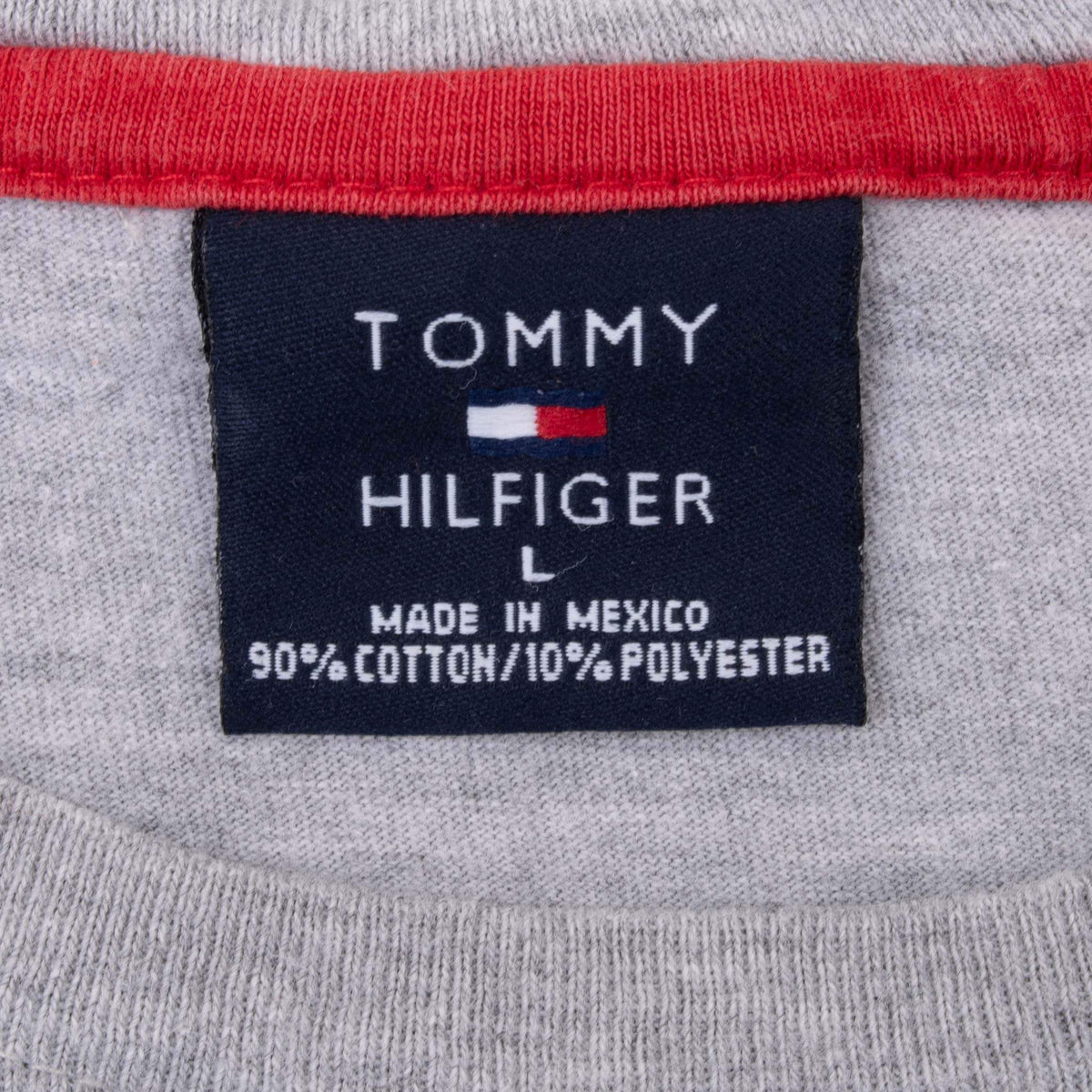 Tommy Hilfiger neck label marked size L inside grey T-shirt with red collar trim