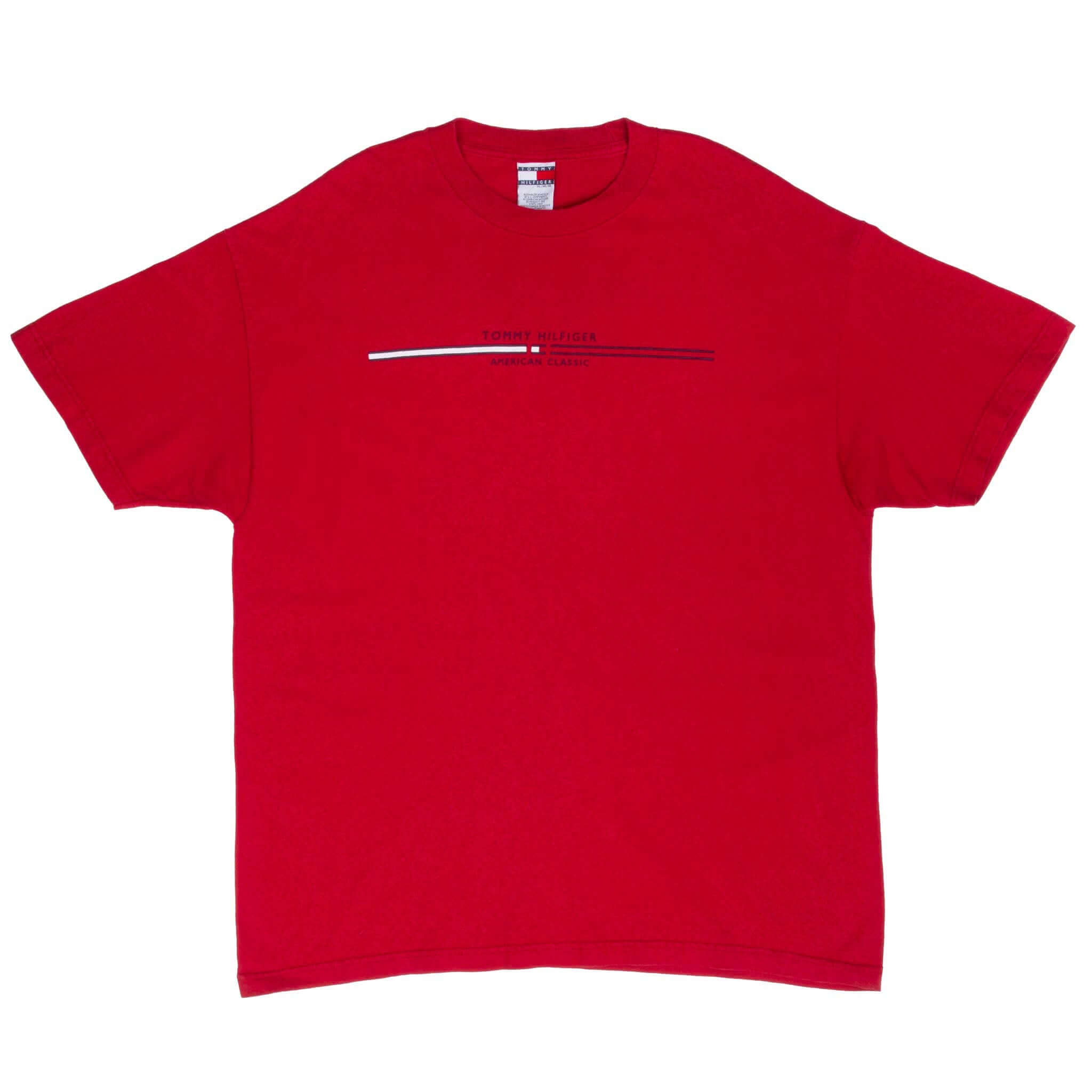 Front of red Tommy Hilfiger T-shirt with small linear spellout chest graphic