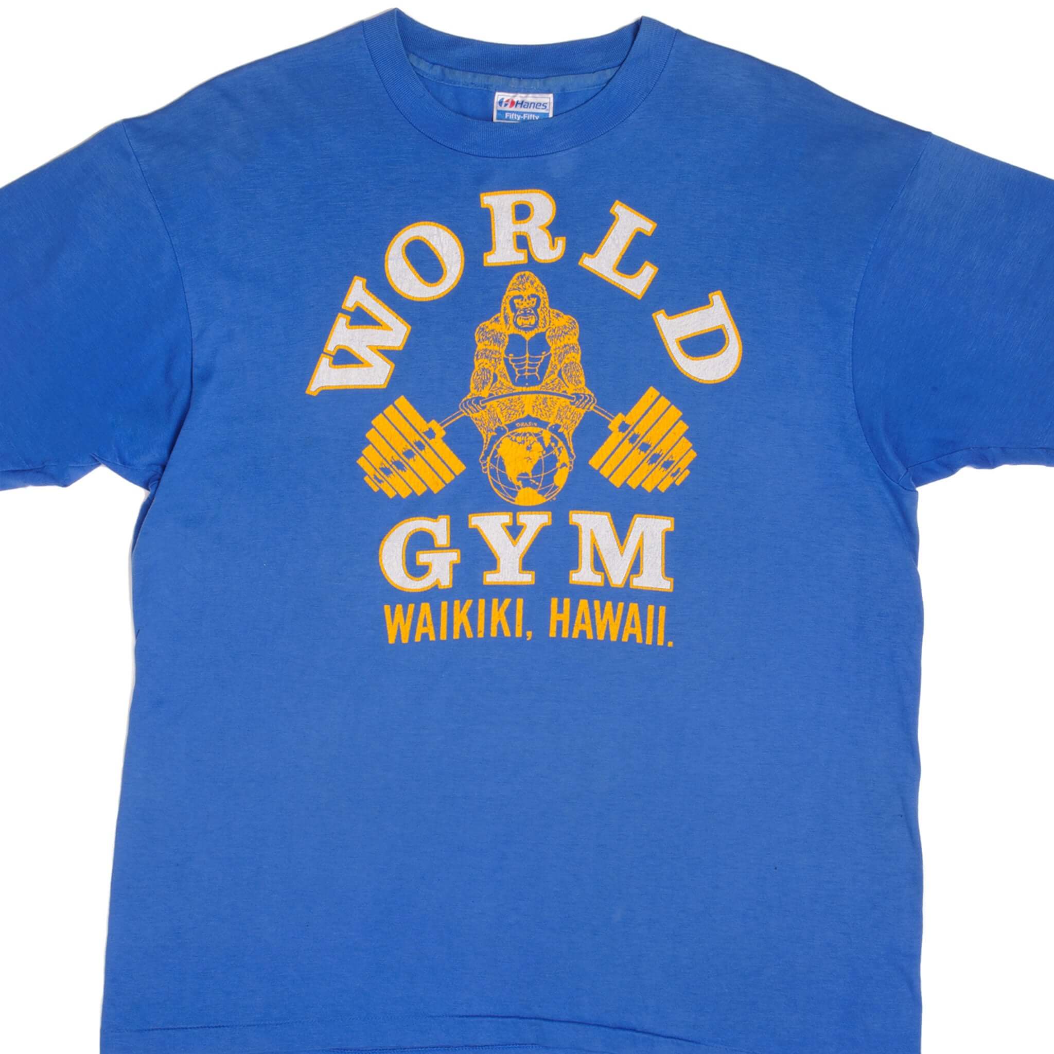 Vintage World Gym Waikiki Hawaii Illustration by Drasin Tee Shirt 1990S Size XL Made In USA With Single Stitch Sleeves