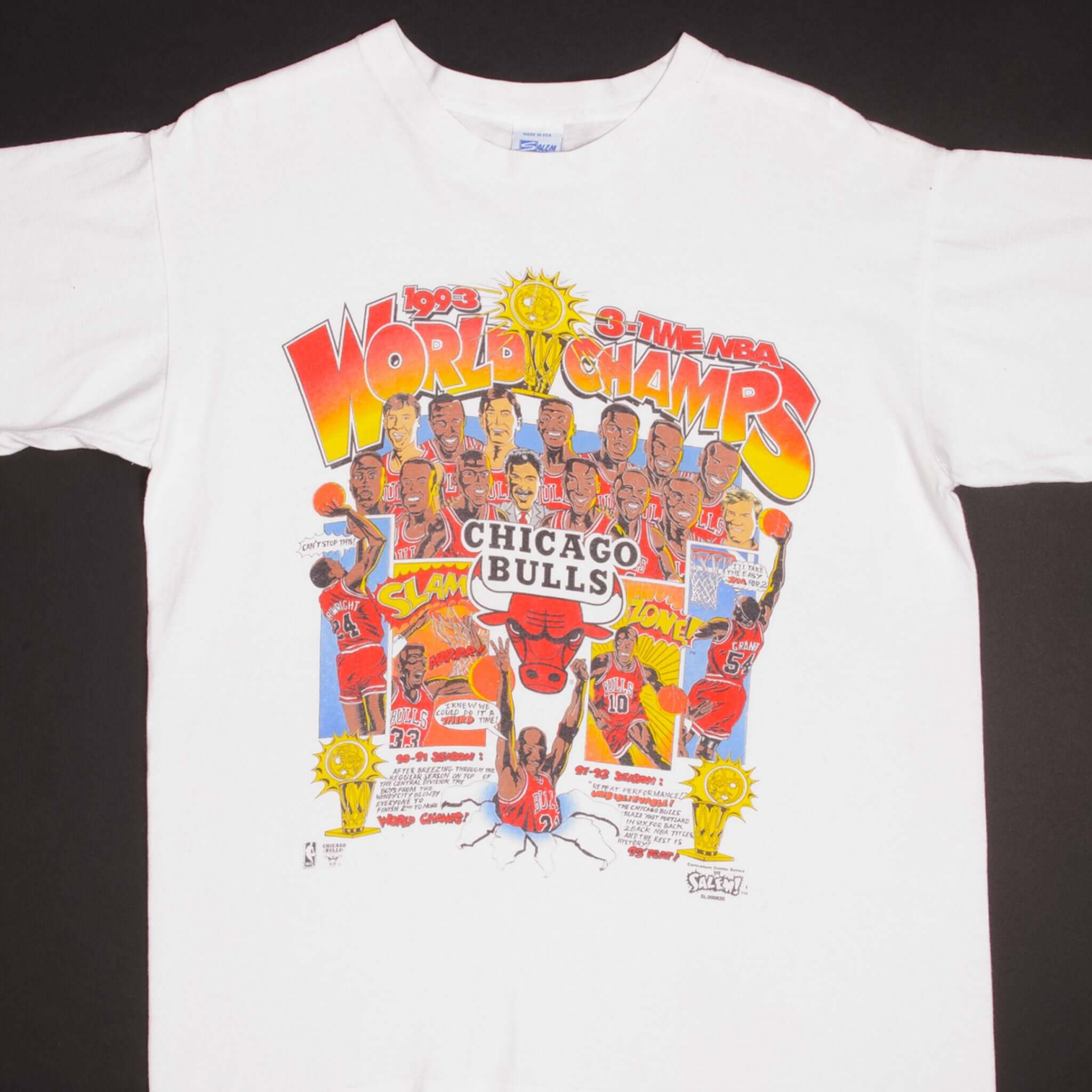 Vintage White NBA Chicago Bulls 1993 3 Times Champions Tee Shirt Size Medium With Single Stitch Sleeves. Made In USA.