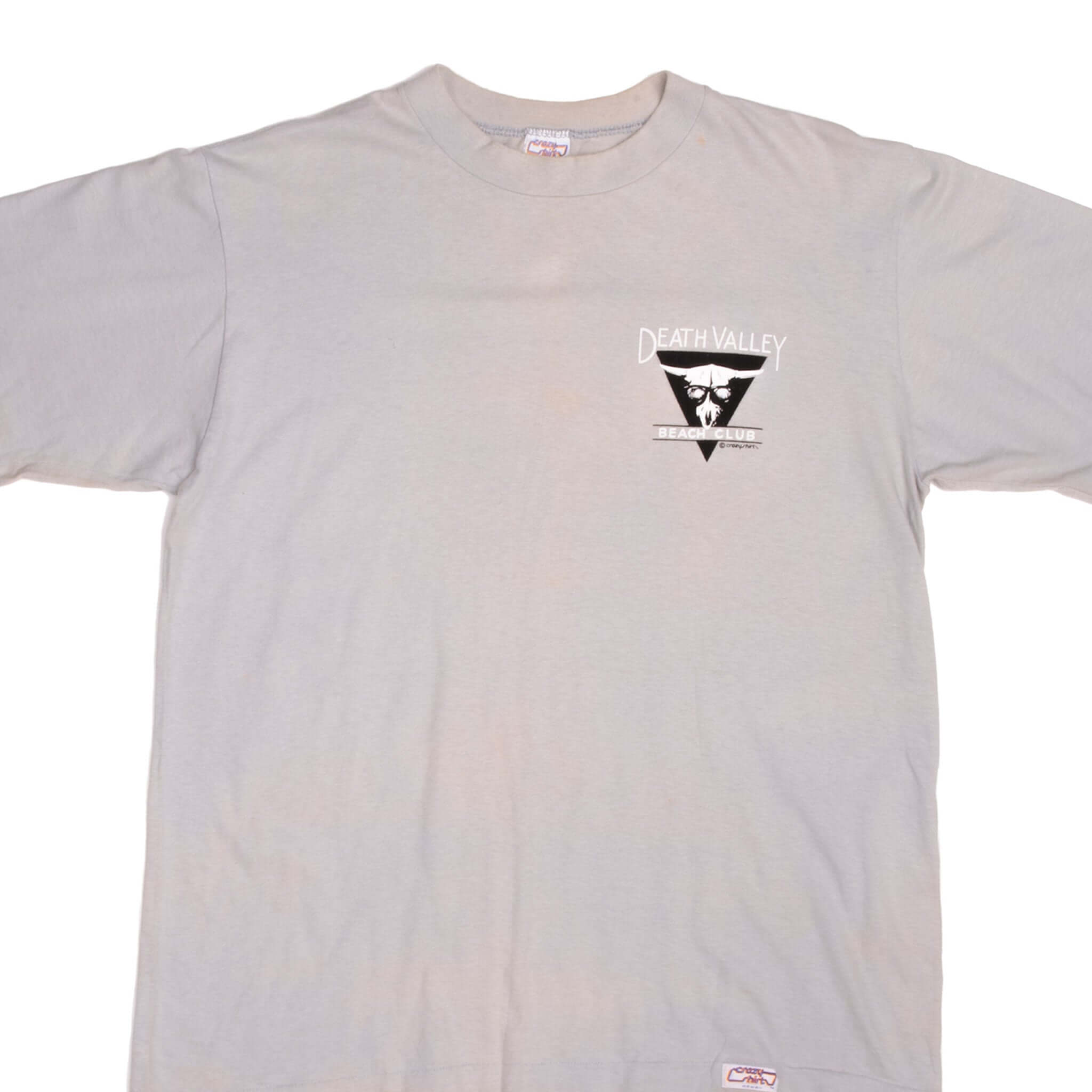 Front of gray Crazy Shirts tee with small Death Valley Beach Club chest graphic