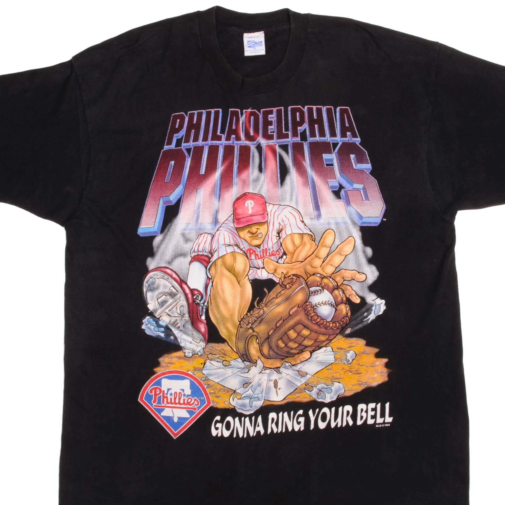 Vintage MLB Philadelphia Phillies Gonna Ring Your Bell Tee Shirt 1994 Size XL Made In USA with single stitch sleeves.