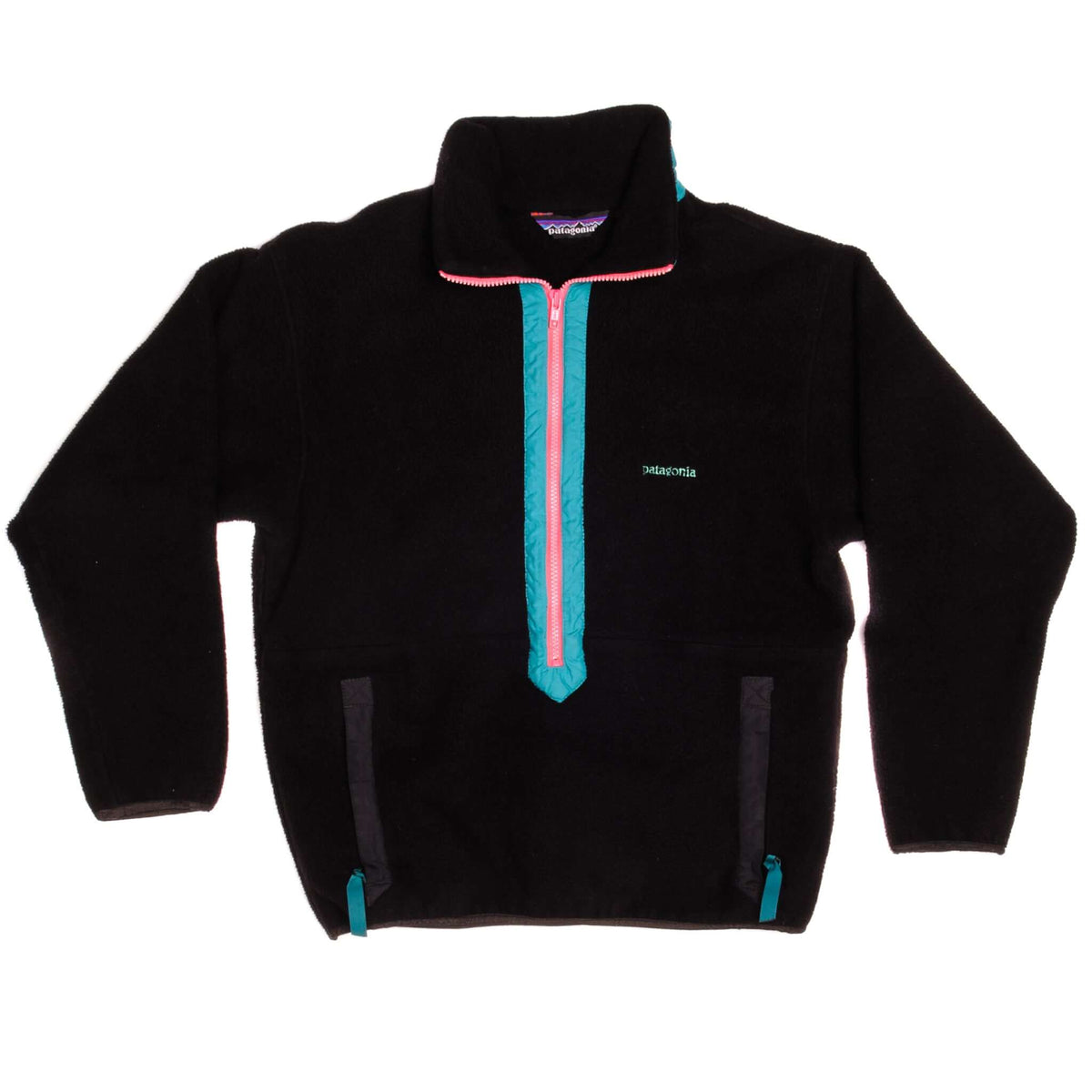 Full front view of black Patagonia half-zip sweatshirt with teal and pink accents