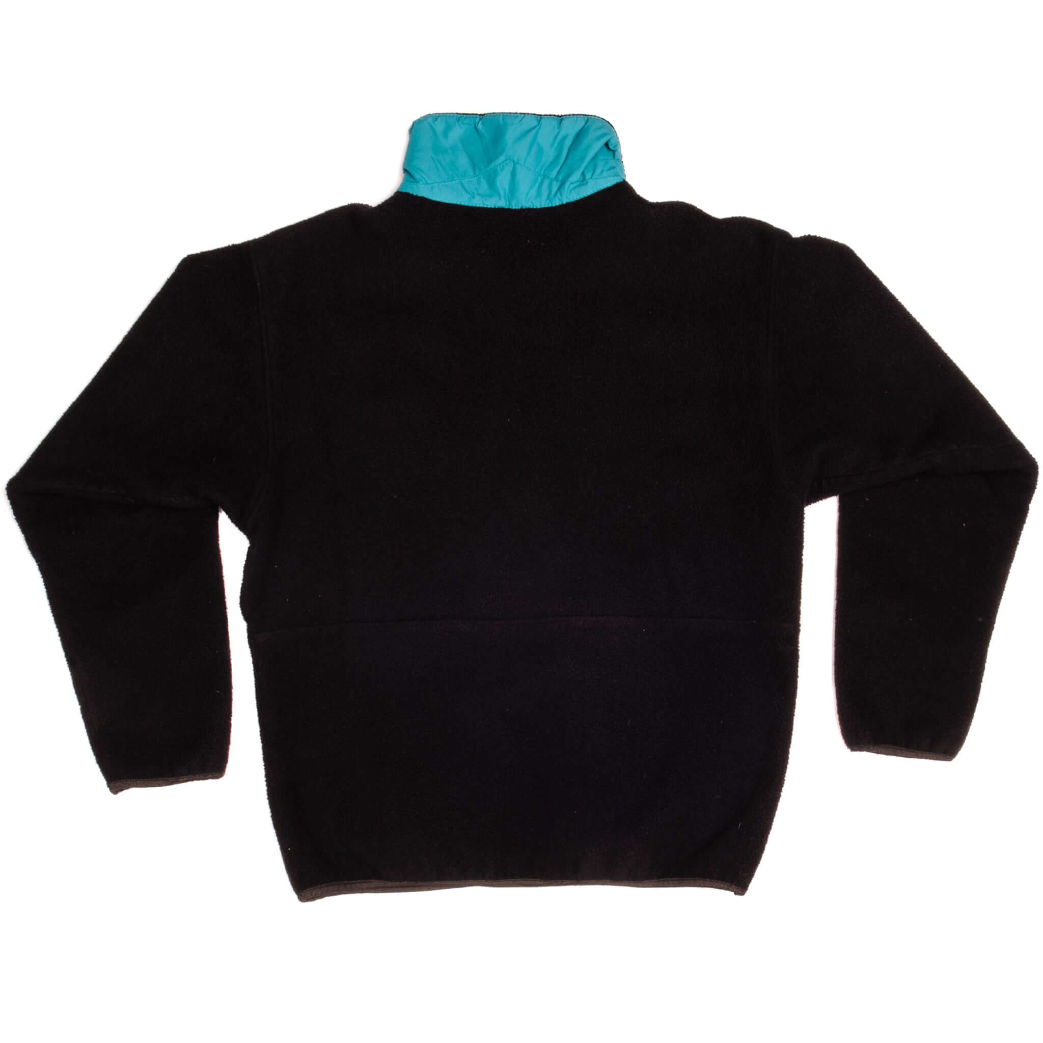Back of black Patagonia half-zip sweatshirt with teal collar lining