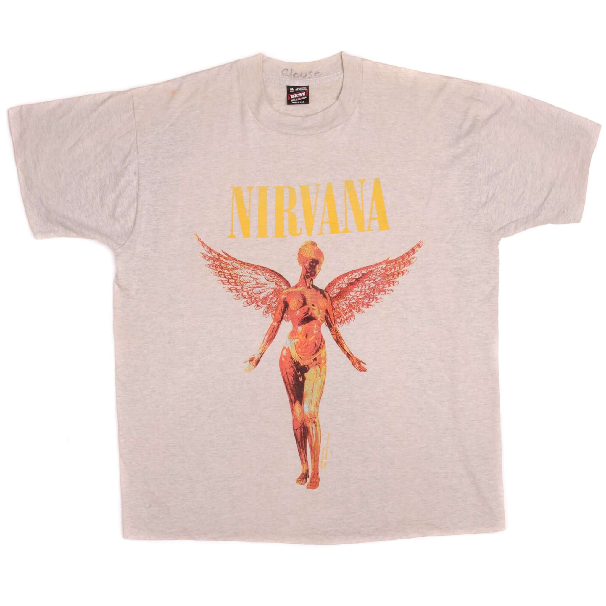 Vintage Grey Nirvana "In Utero" Best by Fruit of the Loom Tee Shirt 1990s Size XLarge Made In USA with single stitch sleeves.