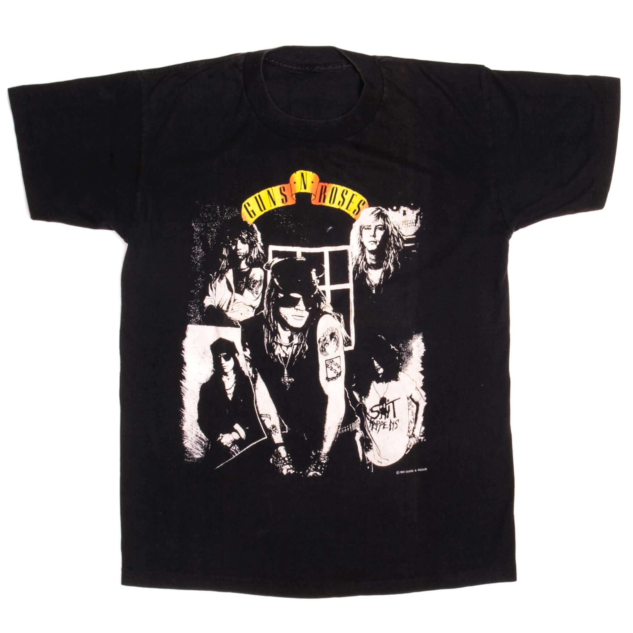 Full front view of black Guns N' Roses T-shirt with band member collage graphic
