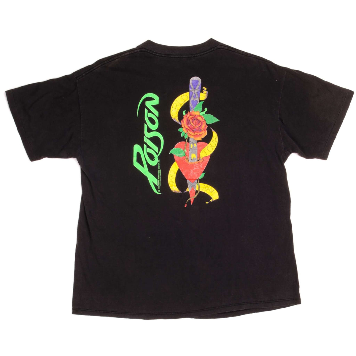 Back of black Poison tee with rose, dagger, heart, and yellow ribbon graphic