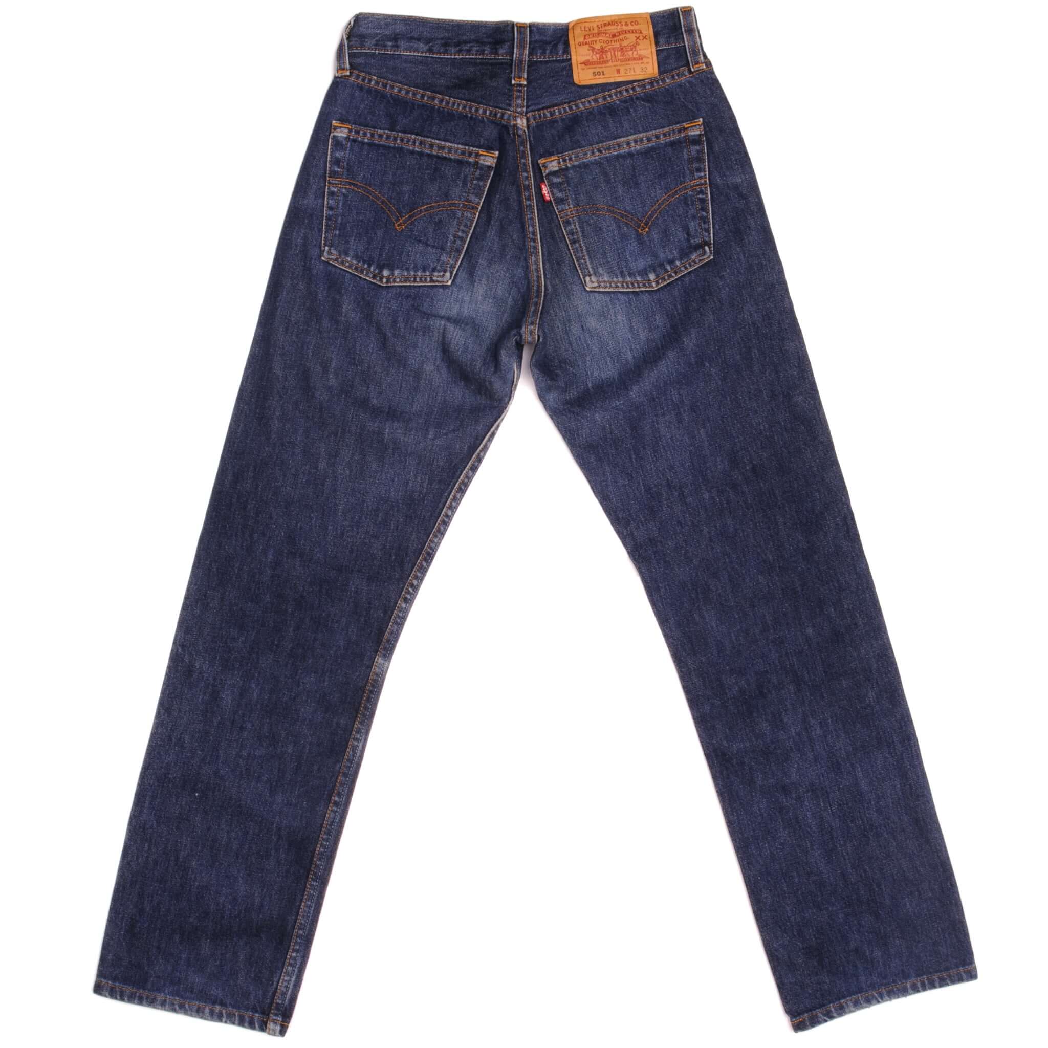 Beautiful Indigo Levis 501 Jeans Made in USA with a very dark wash . Size on Tag 27X32 ACTUAL SIZE 27X28 Back Button #553