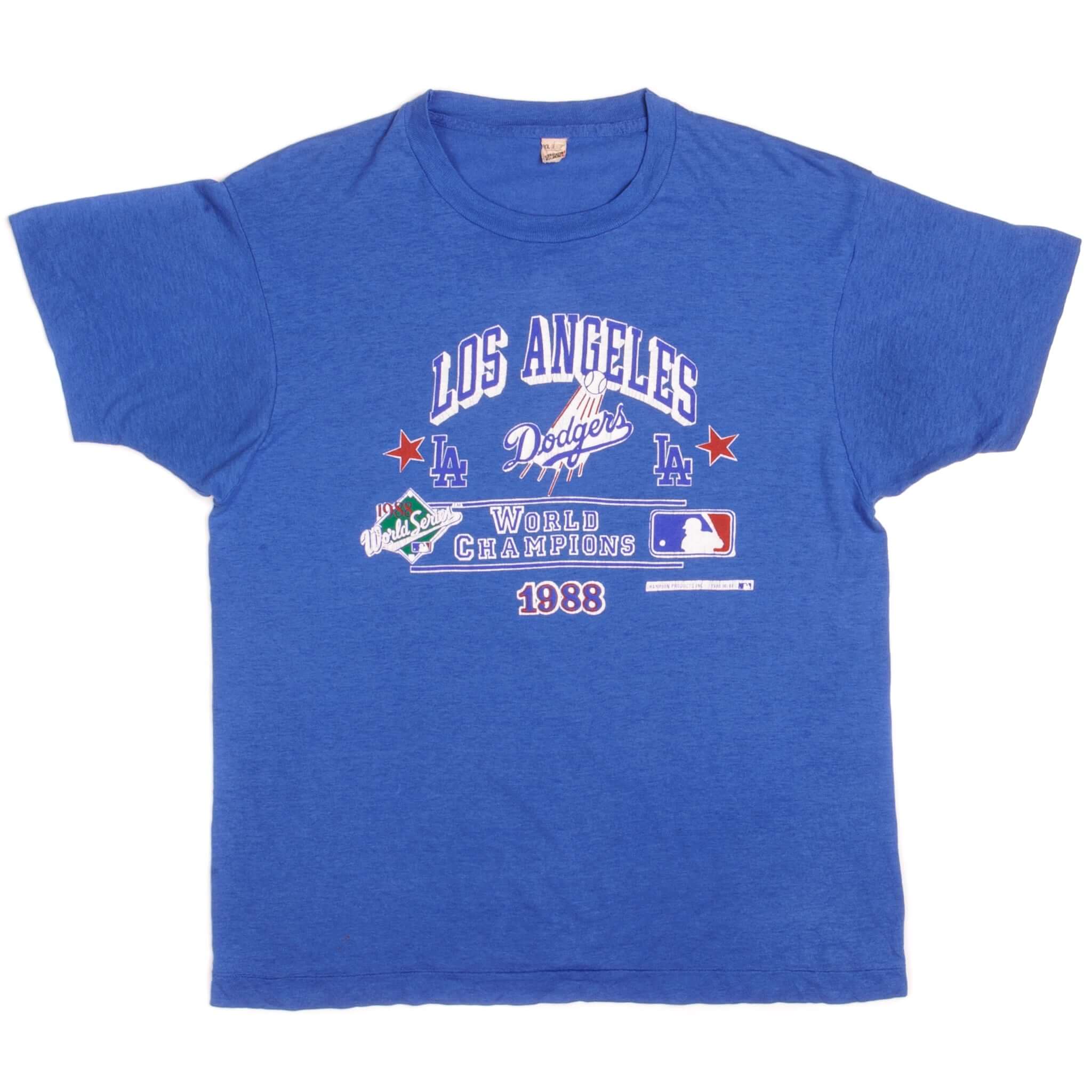 Full front view of blue Los Angeles Dodgers 1988 World Champions T-shirt