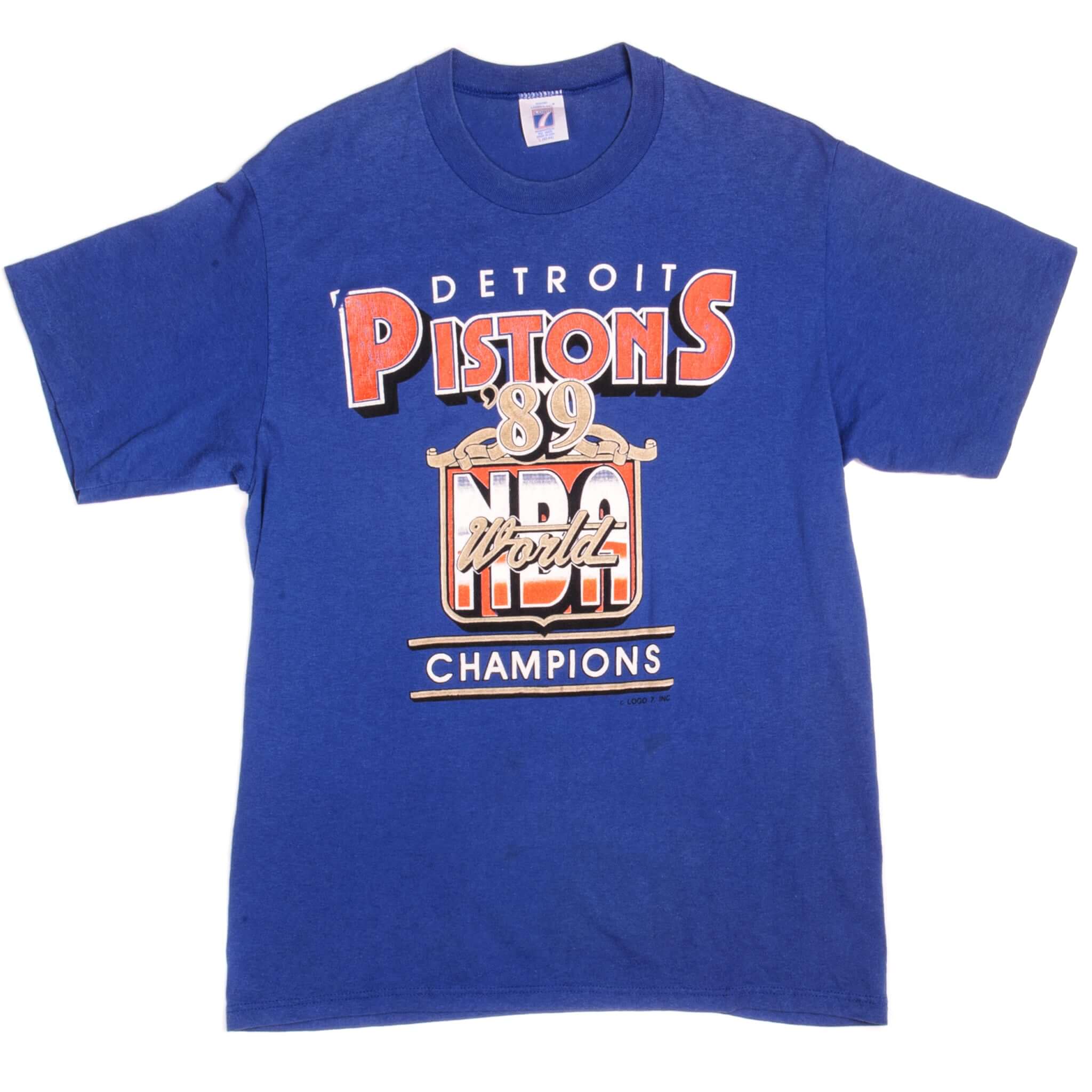 Full front view of blue Detroit Pistons 1989 NBA World Champions T-shirt