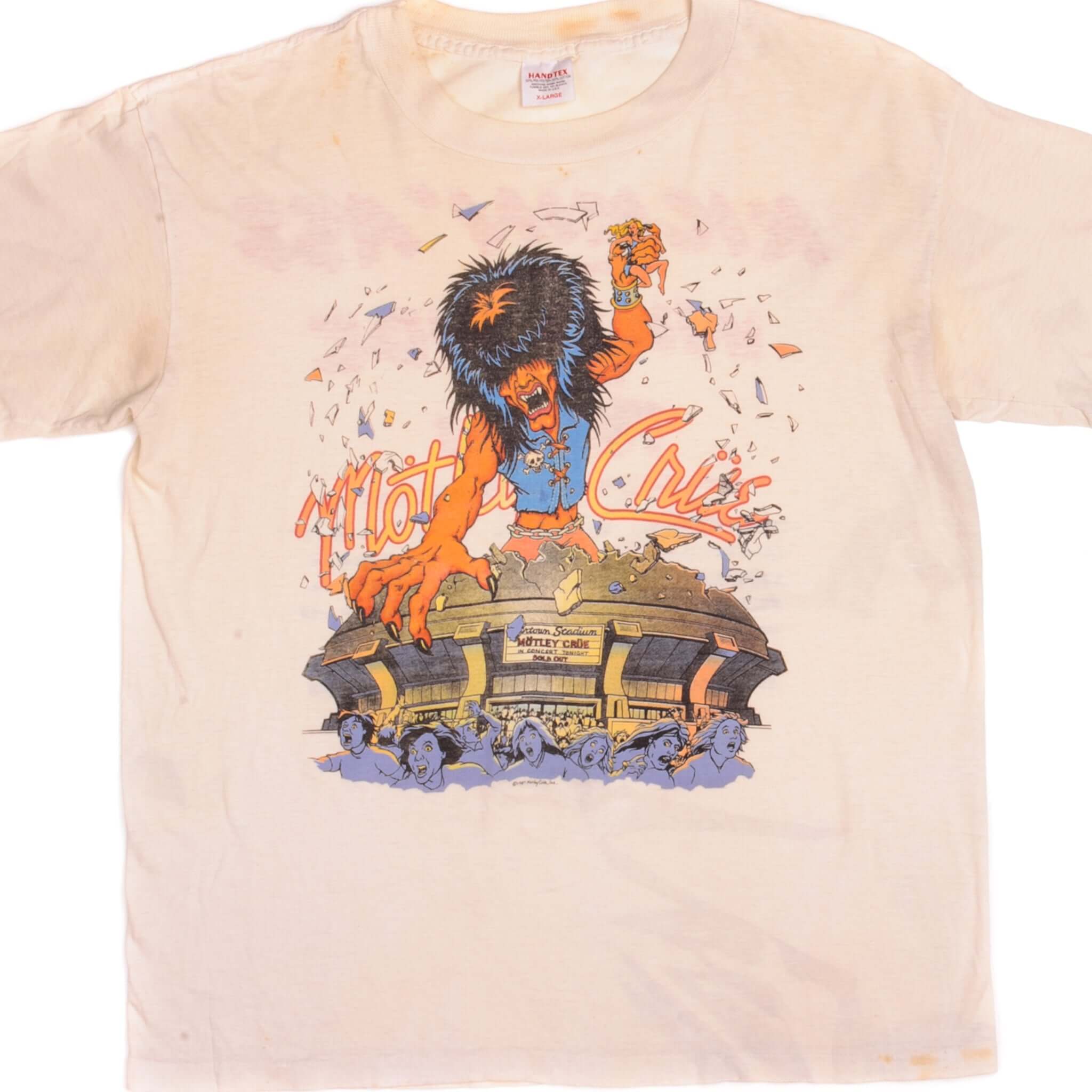 Vintage Motley Crue Kickin'Ass on the Wild Side of your Town Handtex Tee Shirt 1987 Size Large Made In USA With Single Stitch Sleeves.