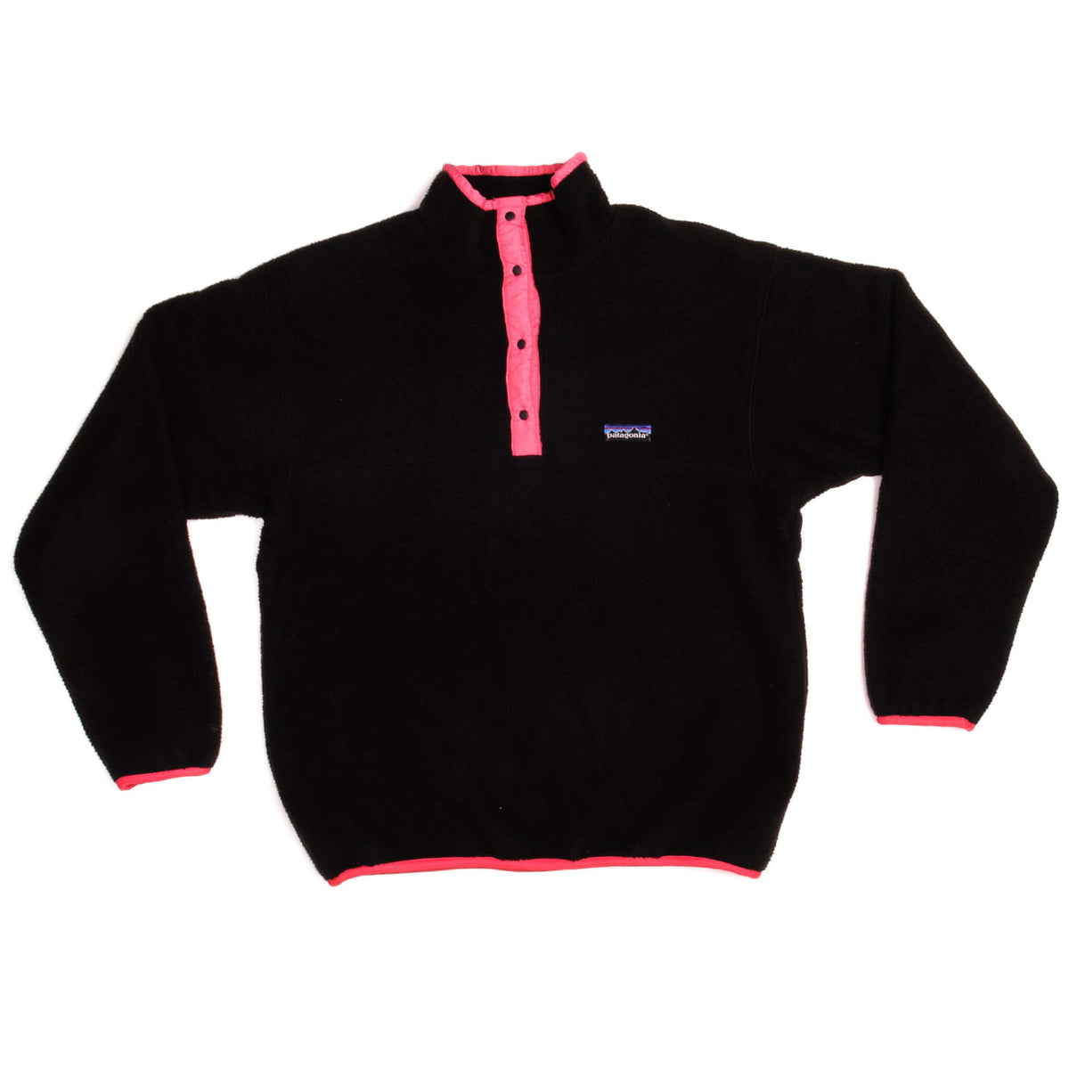 Full front of black Patagonia Snap-T fleece pullover with bright pink trim