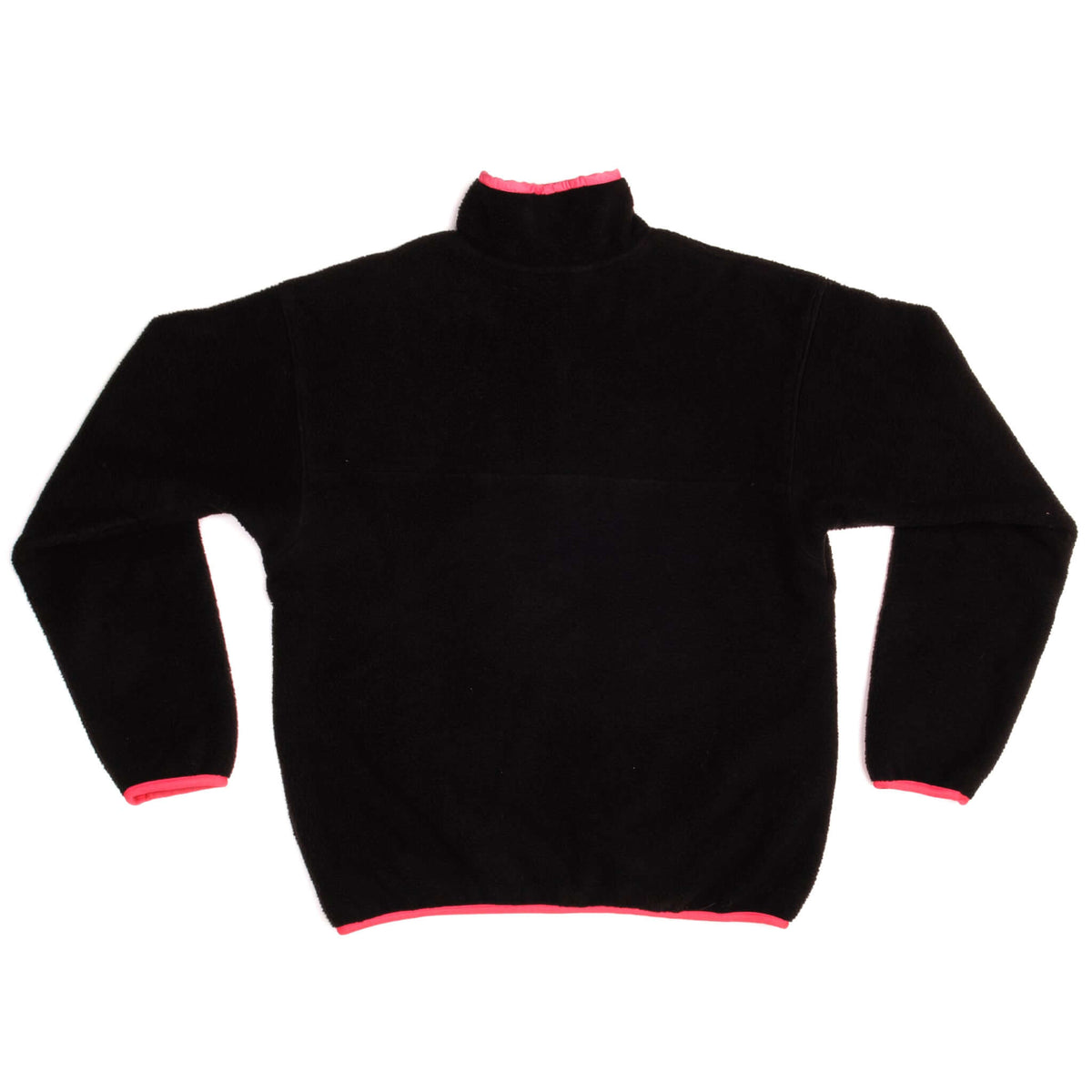 Back of black Patagonia Snap-T fleece pullover with bright pink trim