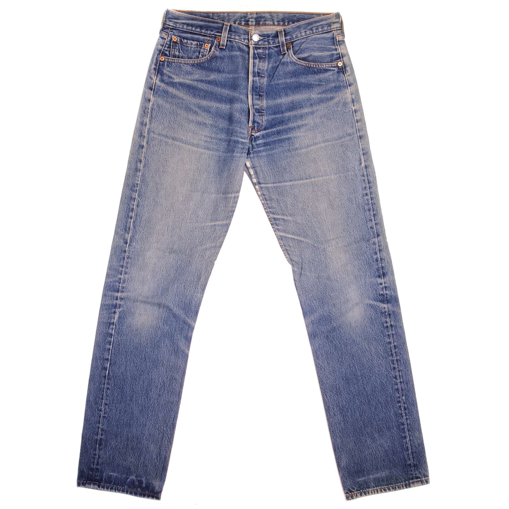 Beautiful Indigo Levis 501 Jeans 1990s Made in USA with a medium blue wash, a nice contrast of light and medium blue and some strong whiskers. Size on Tag 34X36 ACTUAL SIZE 33X34 Back Button #977