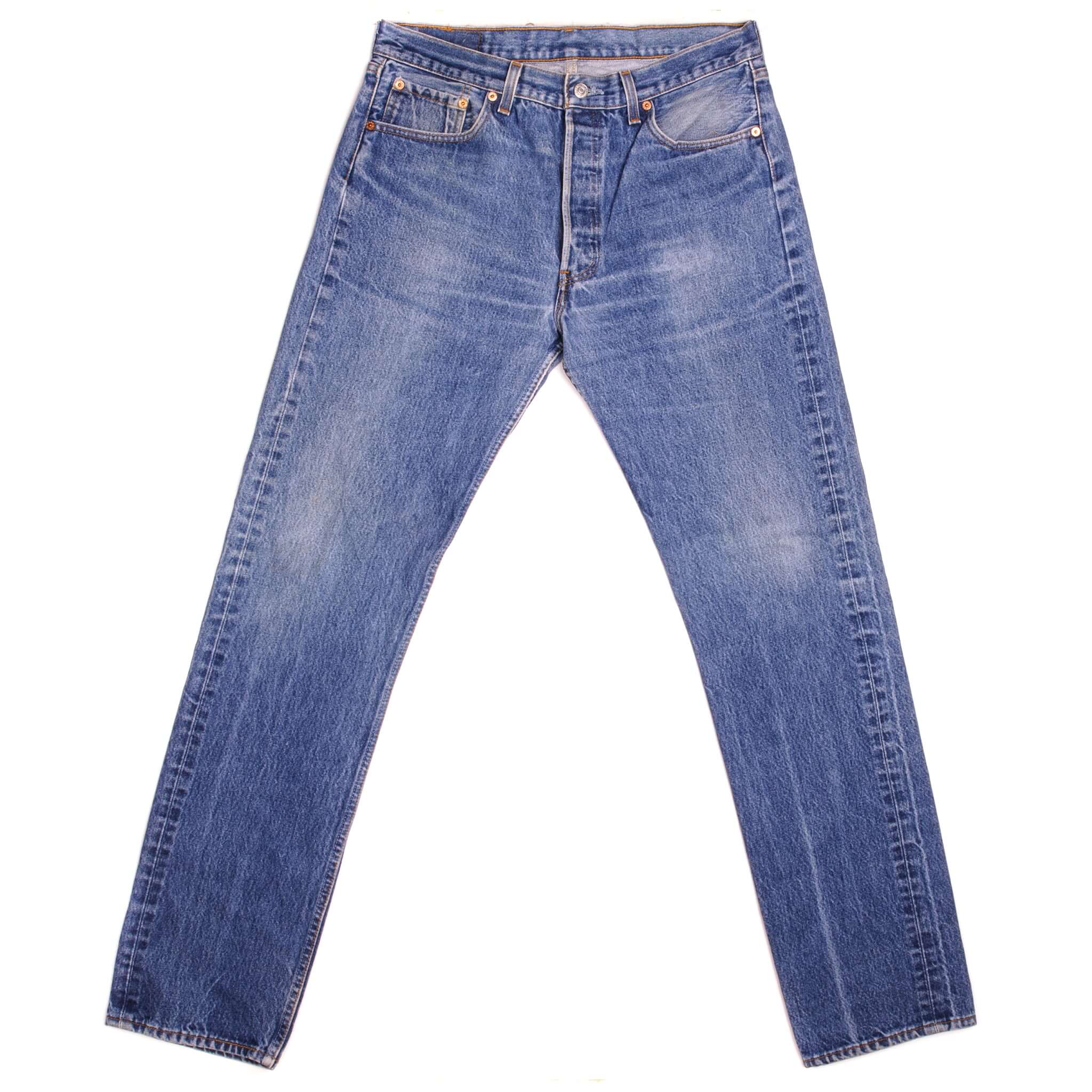 Beautiful Indigo Levis 501 Jeans 1990s Made in USA with a medium blue wash, a nice contrast of light and medium blue and some strong whiskers. Size on Tag 35X38 ACTUAL SIZE 34X34 Back Button #524