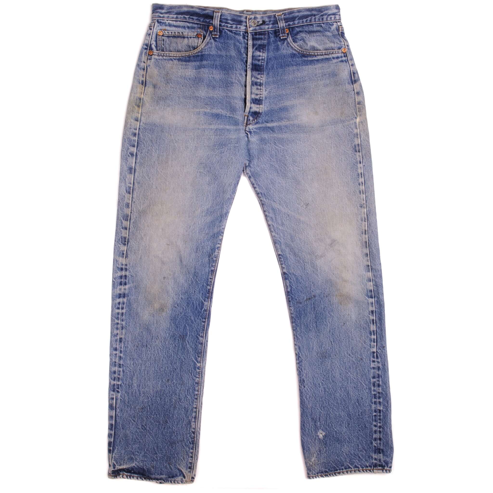 Beautiful Indigo Levis 501 Jeans before mid 1980's with Selvedge Made in USA with a medium blue wash, a nice contrast of light and medium blue and some light Whiskers. Size on Tag 36X? ACTUAL SIZE 34X31 Back Button #?