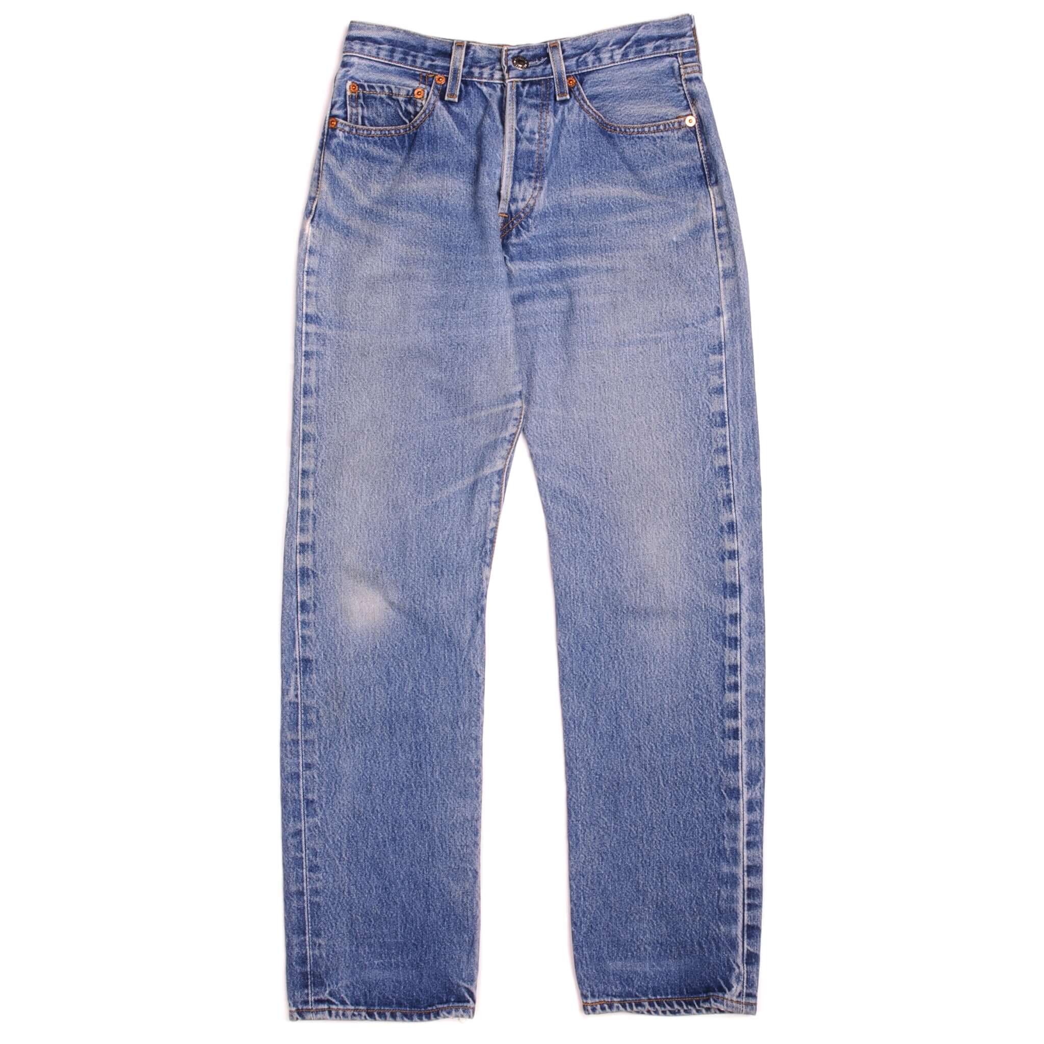 Beautiful Indigo Levis 501 Jeans Made in USA with a medium blue wash, a nice contrast between medium and light blue and some light whiskers. Size on Tag 29X34 ACTUAL SIZE 27X29 Back Button #215