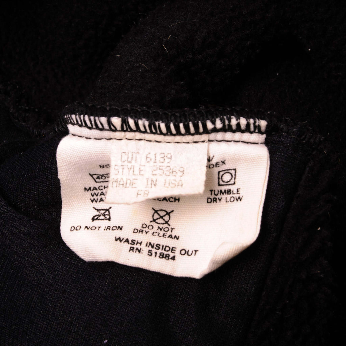 Close-up of Patagonia sweatshirt cut, style, care, and Made in USA label