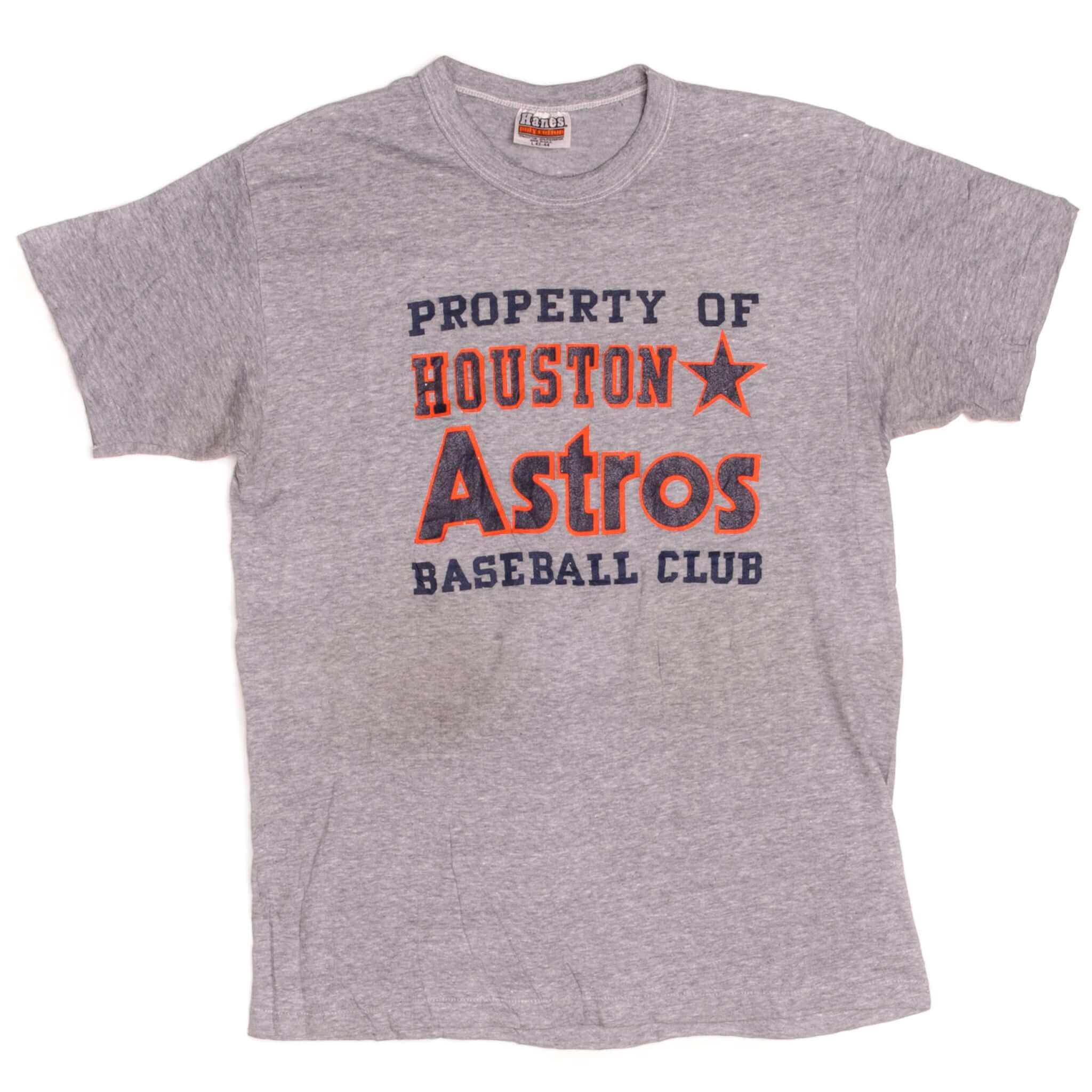 Vintage Property of Houston Astros Baseball Club Hanes Poly cotton Tee Shirt 1980's Size Medium Made In USA With Single Stitch Sleeves.