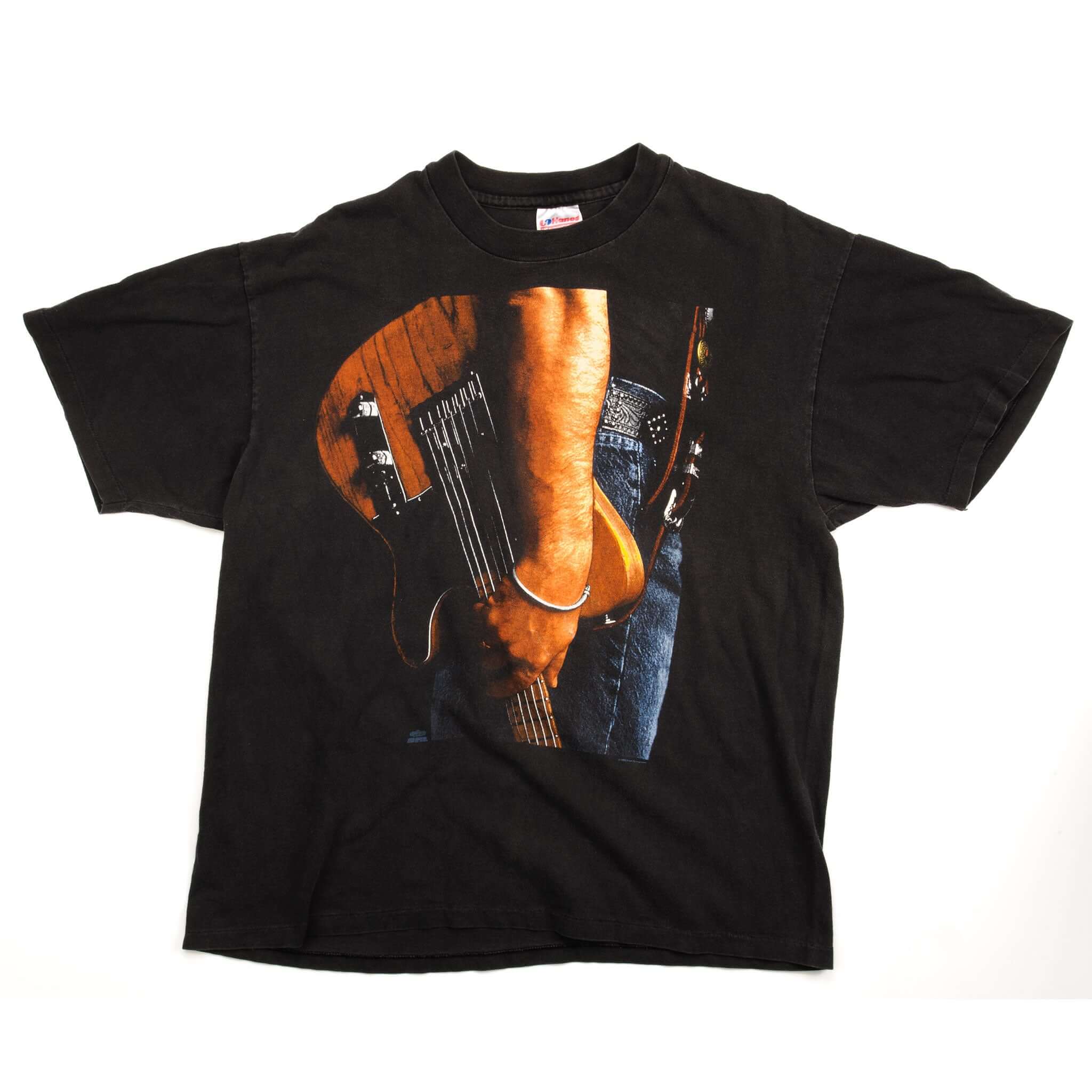 Full front view of black Bruce Springsteen T-shirt with guitar photograph