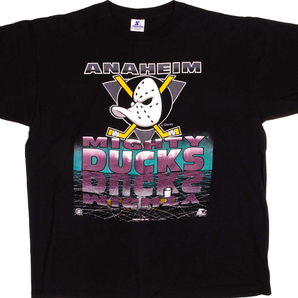 Vintage NHL Anaheim Mighty Ducks Starter & Disney Tee Shirt 1993 Size XLarge Made in USA with single stitch sleeves.