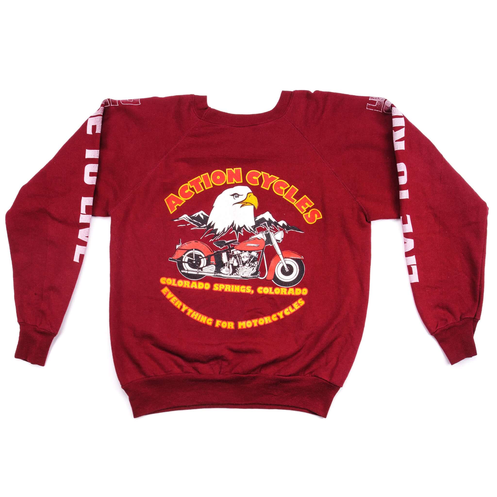 Vintage Action Cycles Sweatshirt By 3D Emblem Size Medium Made In USA.
Action Cycles, Colorado Springs Colorado
Everything for Motorcycles.
Live to Ride, Ride to Live.