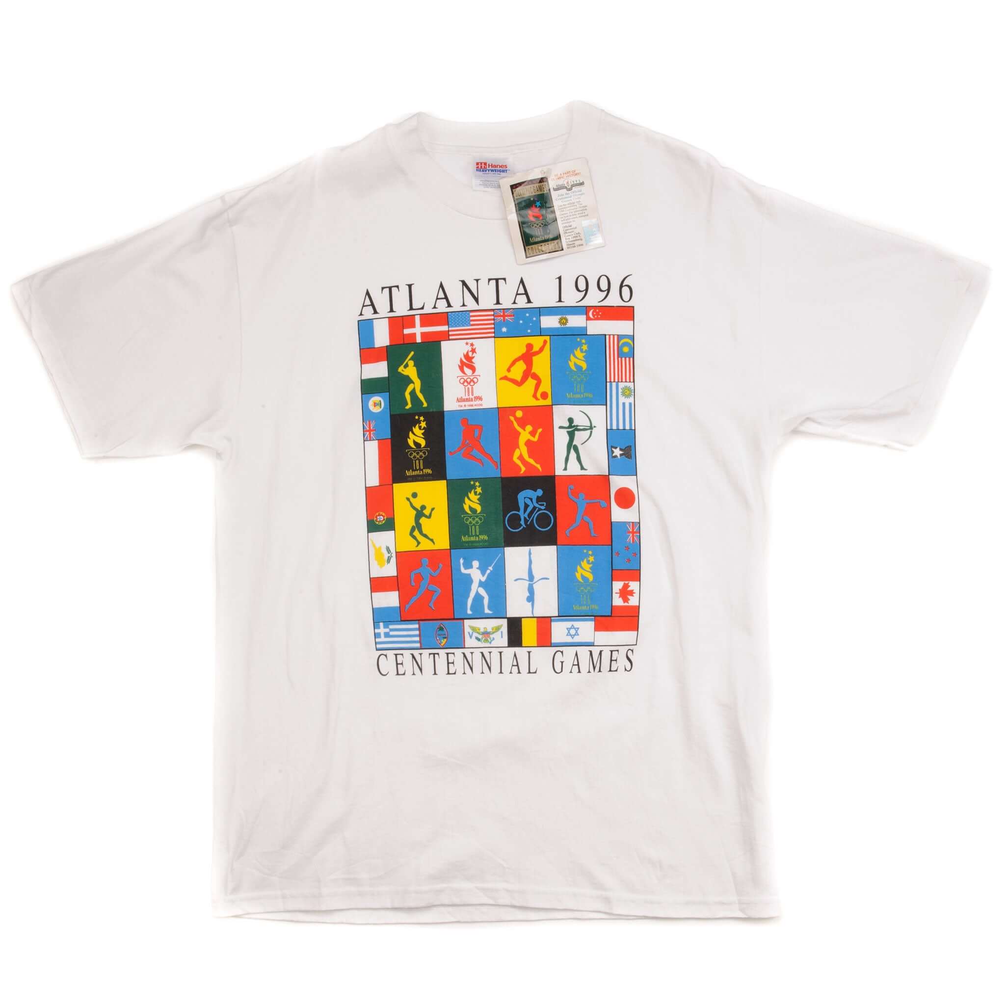 Full front view of white Atlanta 1996 Centennial Games T-shirt with attached tags