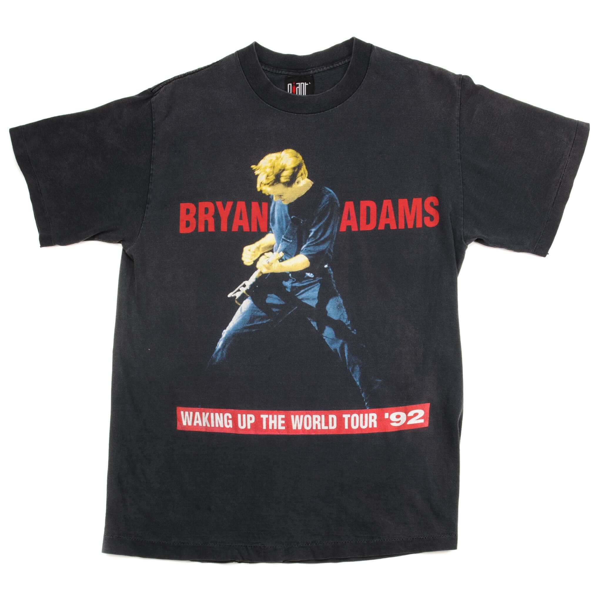 Black Bryan Adams tour T-shirt front with red lettering and full-length performance print