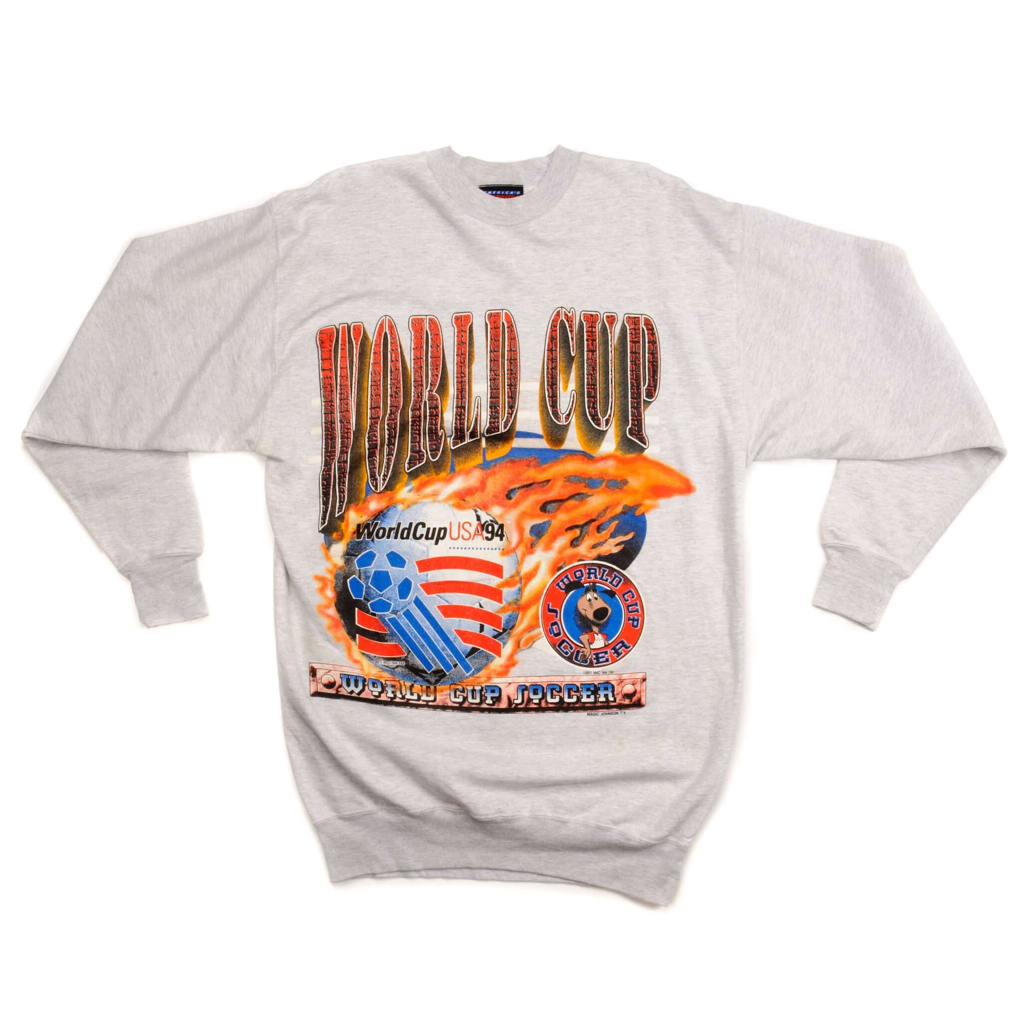 Full front view of gray World Cup USA 94 crewneck sweatshirt with multicolor graphic