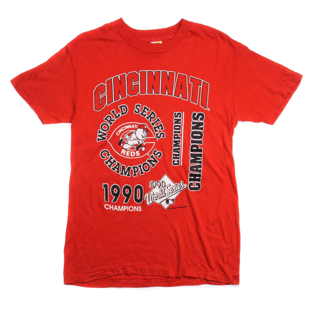 Full front view of red Cincinnati Reds 1990 World Series Champions T-shirt