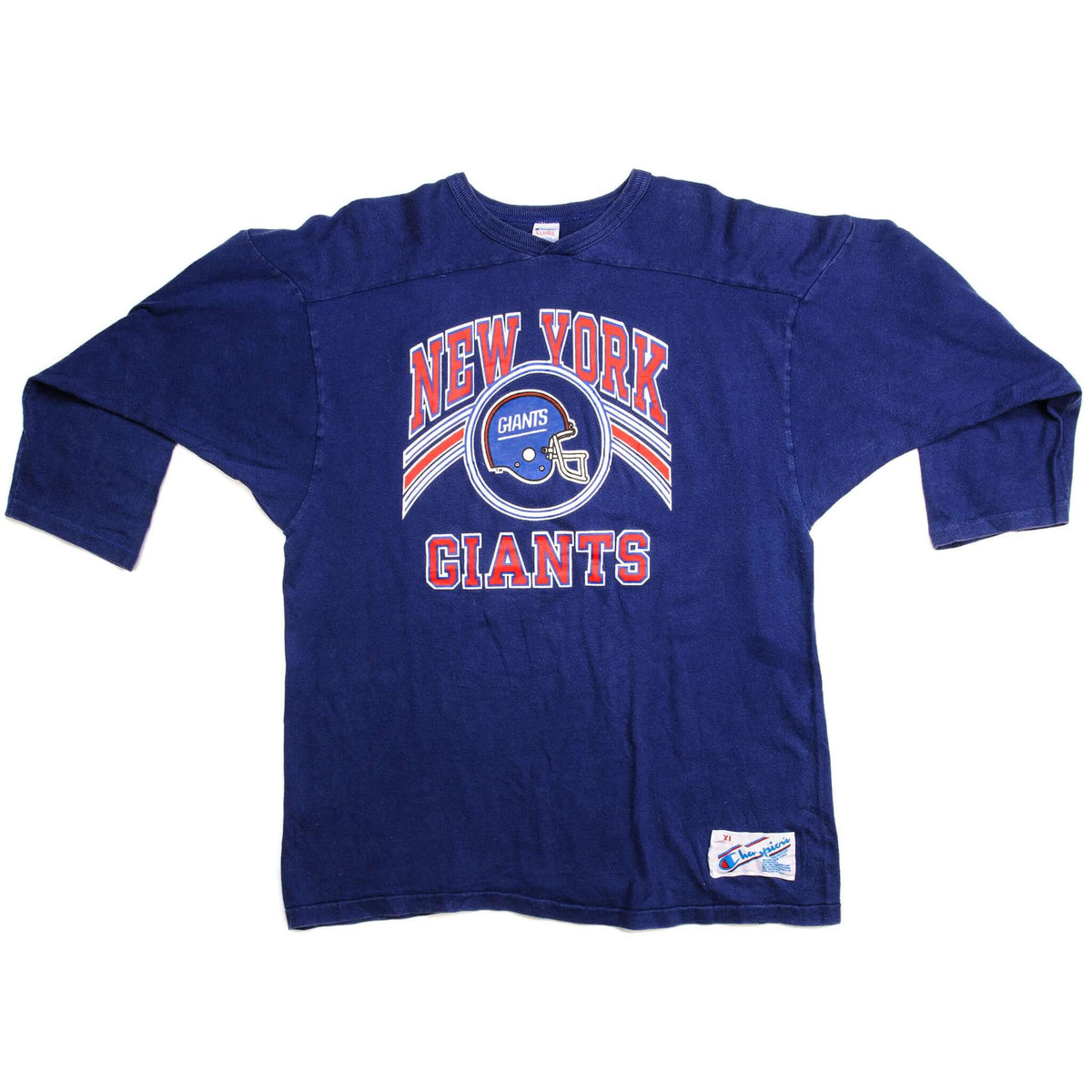 Full front view of blue Champion New York Giants raglan T-shirt with three-quarter sleeves