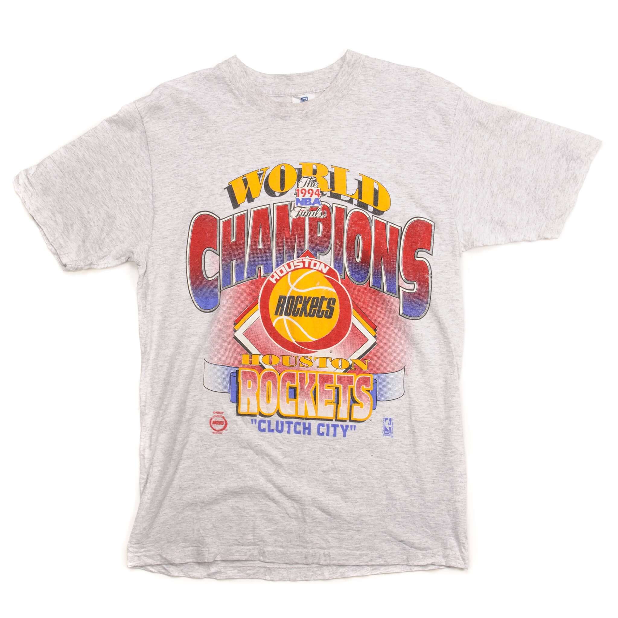 Full front view of gray Houston Rockets World Champions graphic T-shirt
