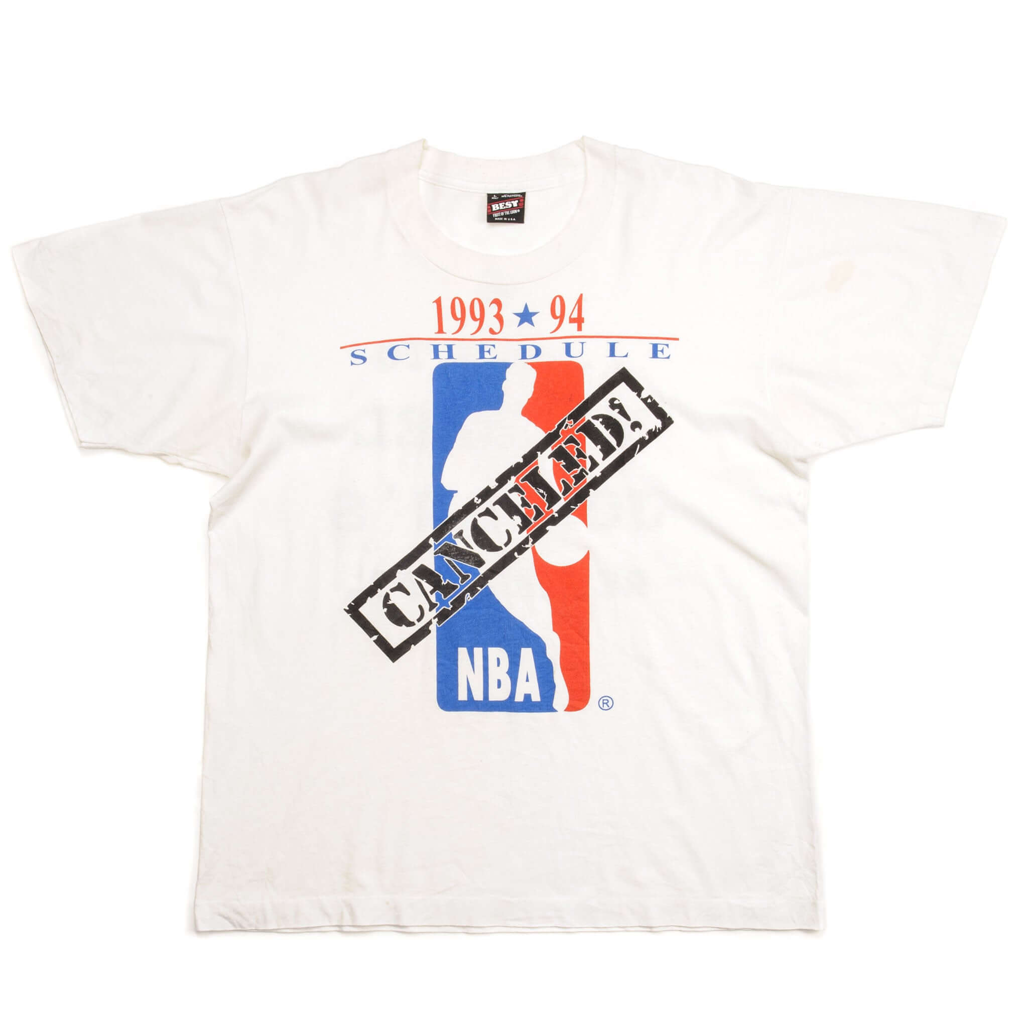 White NBA T-shirt front with 1993–94 schedule logo and diagonal canceled print