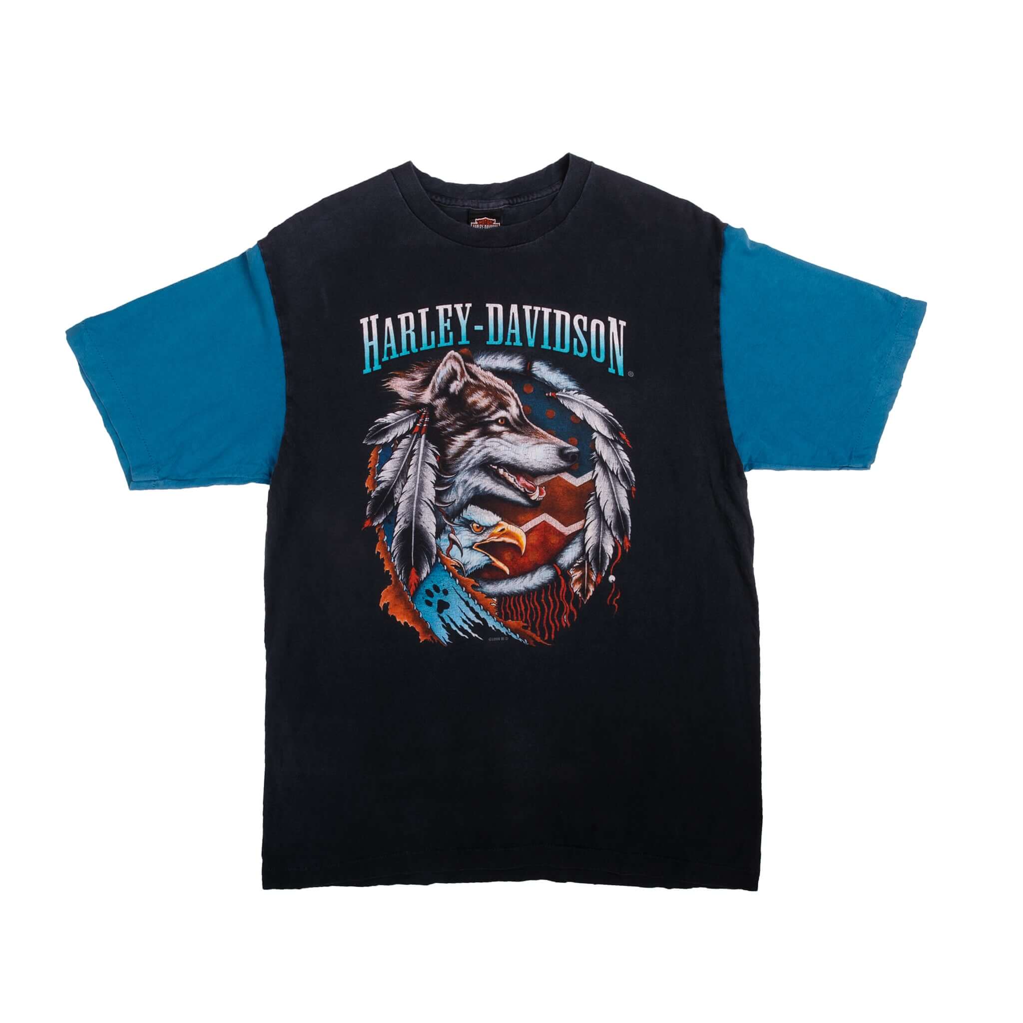 Vintage Blue Harley Davidson Wolf And Eagle Shirt 1996 Size M With Single Stitch Sleeves. Made In USA