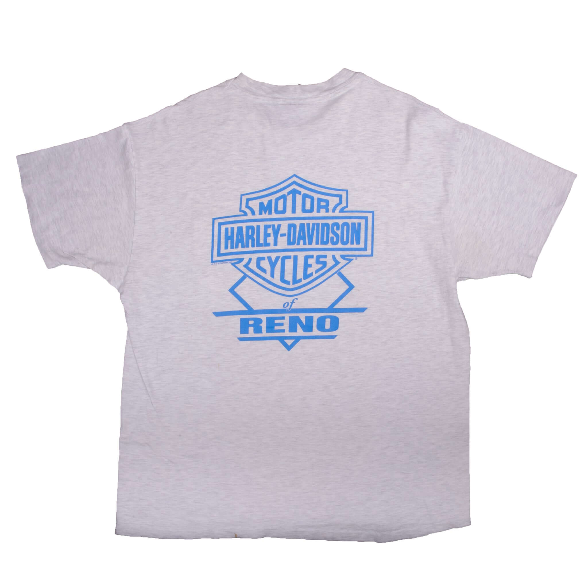 Vintage Grey Genuine Harley Davidson Reno 1995 T Shirt With Single Stitch Sleeves. Made In USA.