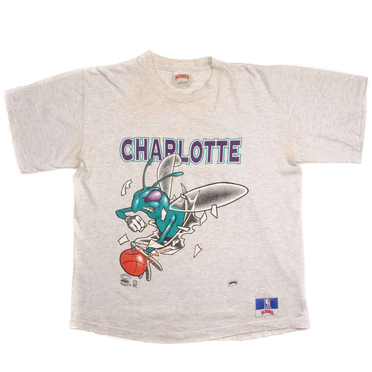 Full front view of gray Charlotte Hornets NBA T-shirt with large basketball mascot graphic