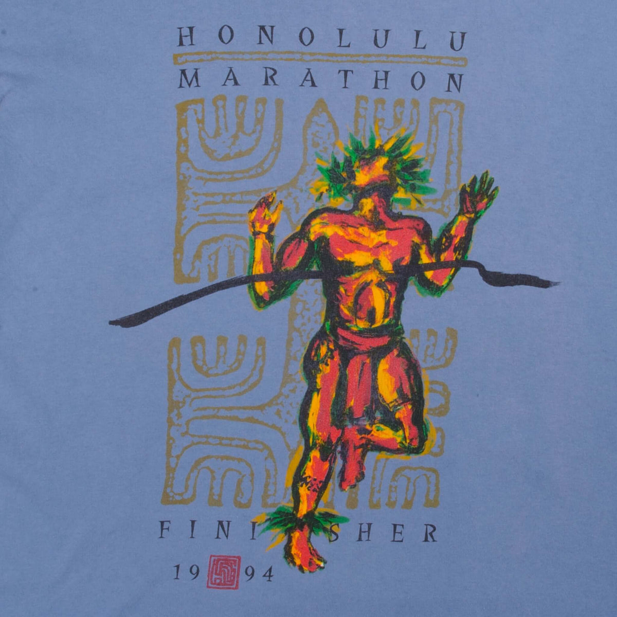 Close-up of colorful Honolulu Marathon Finisher 1994 front graphic