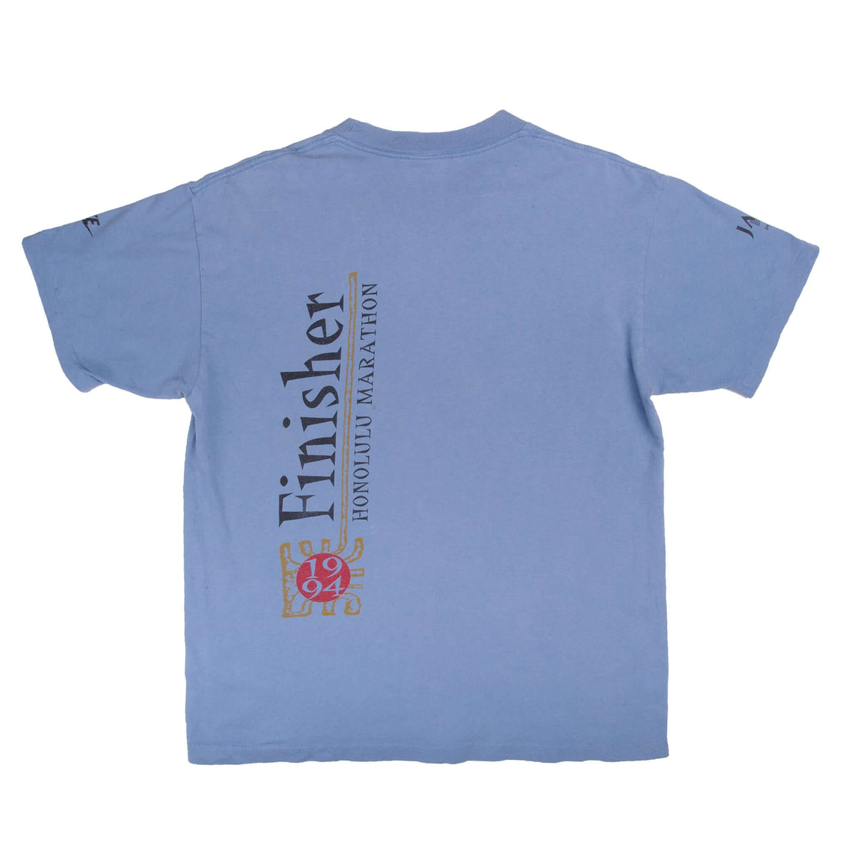 Back of blue Honolulu Marathon T-shirt with vertical Finisher graphic