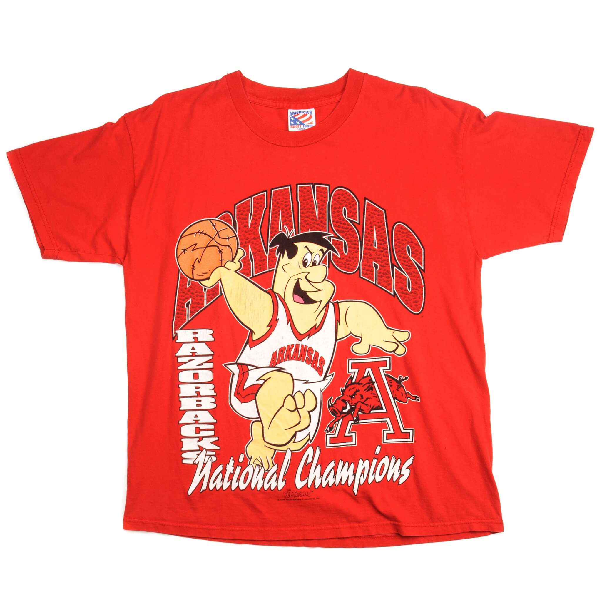 Full front view of red Arkansas Razorbacks T-shirt with Fred Flintstone basketball graphic