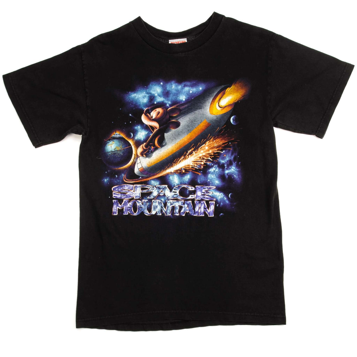 Full front view of black Disney Space Mountain T-shirt with Mickey Mouse graphic