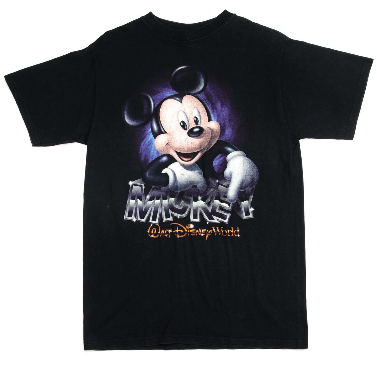 Black Walt Disney World T-shirt front with Mickey Mouse and metallic-style lettering