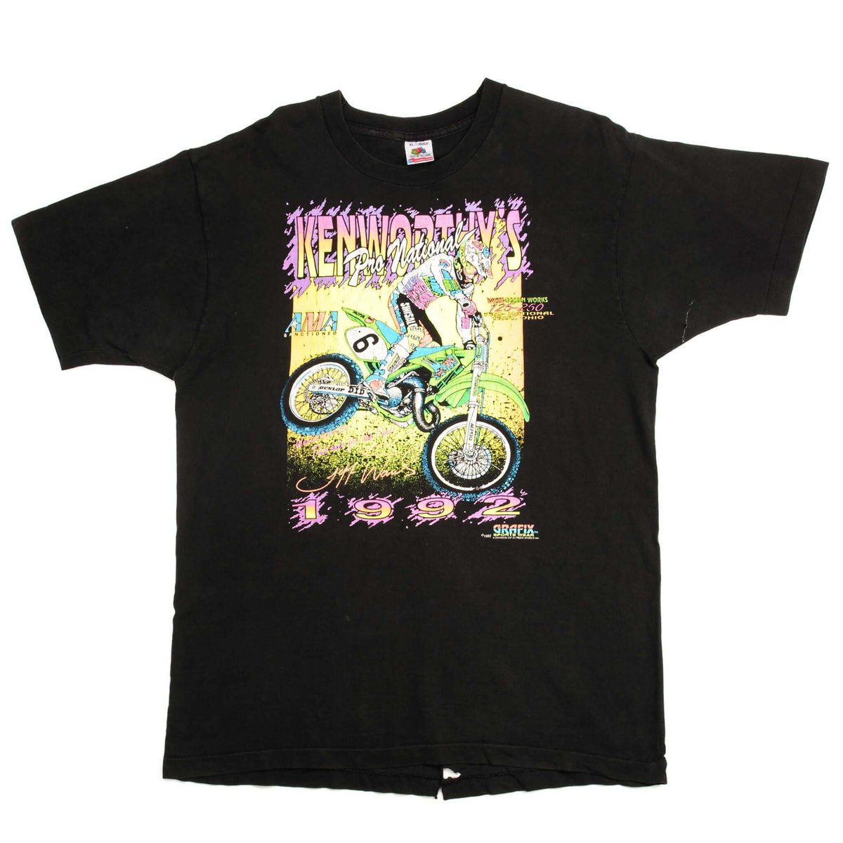 Full front view of black Kenworthy's Pro National motocross graphic T-shirt
