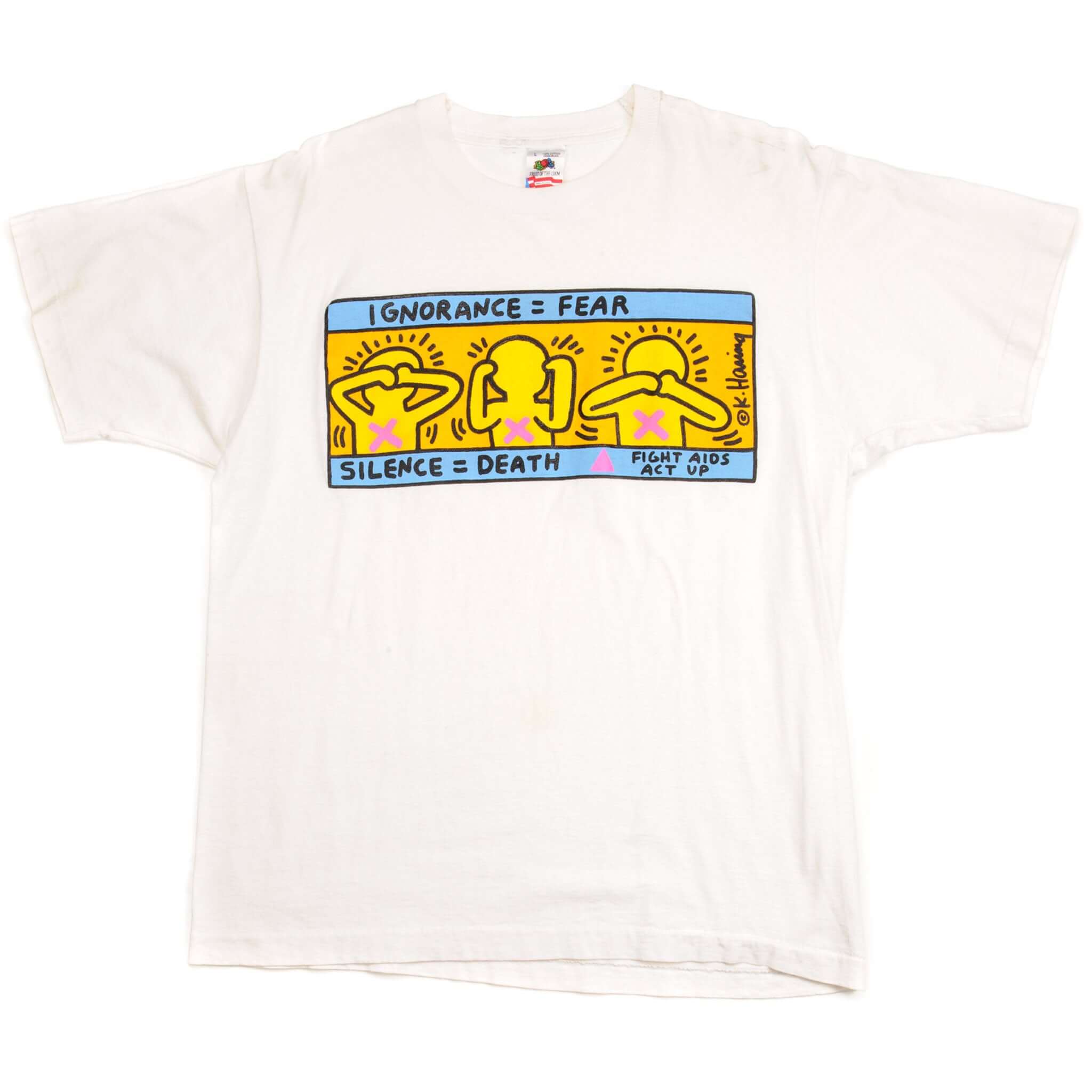 Vintage Keith Haring Fight Aids Tee Shirt 1990'S Size L Made In USA. Ignorance, Fear, Silence, Death  White