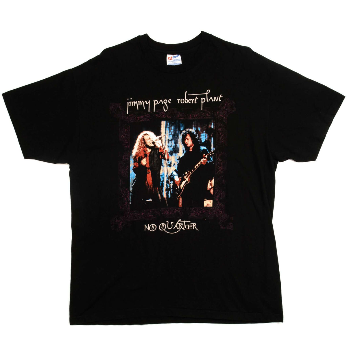 Black Jimmy Page and Robert Plant No Quarter T-shirt front laid flat