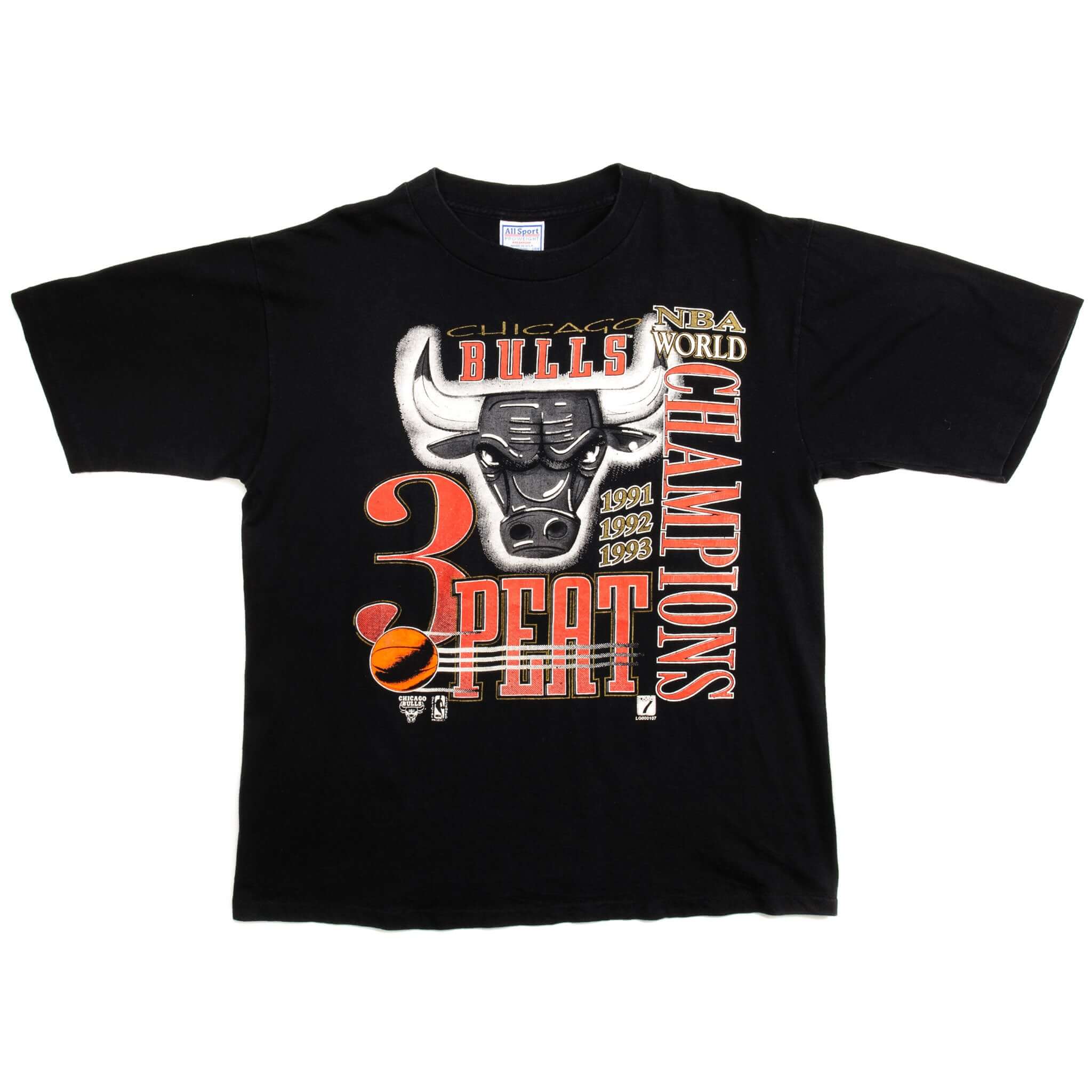 Full front view of black Chicago Bulls 1991–1993 NBA World Champions T-shirt